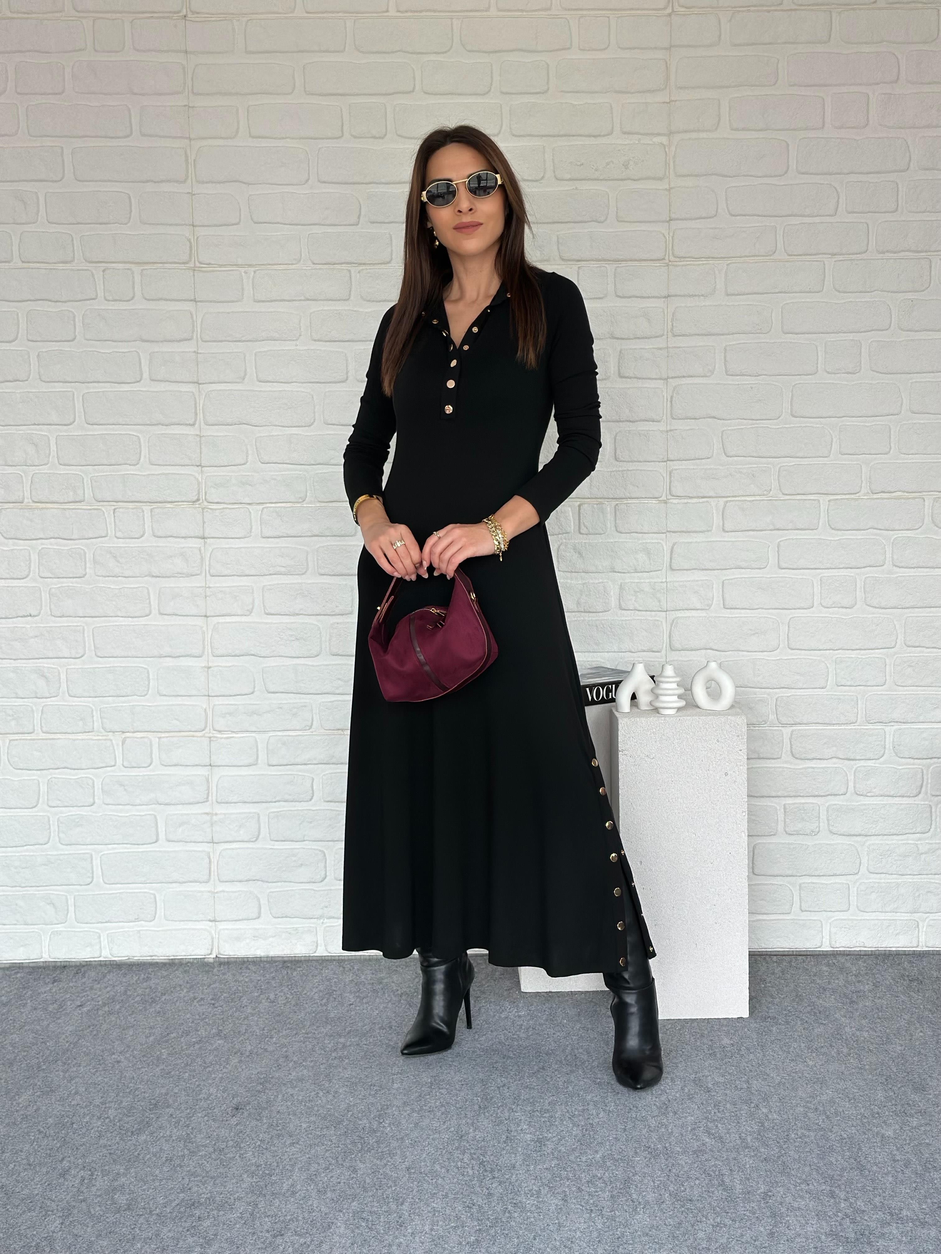 Çıtçıtlı Triko Elbise Siyah