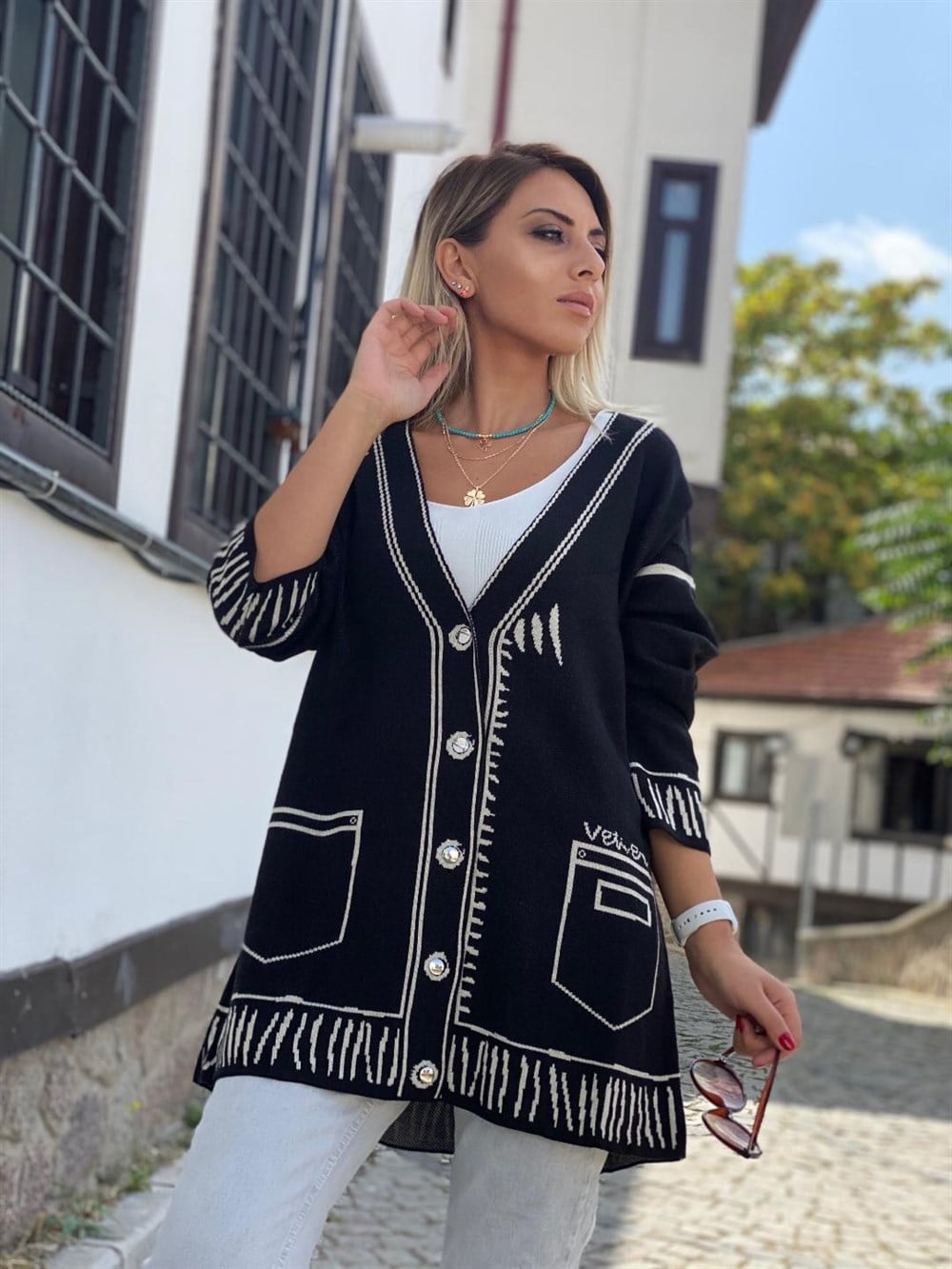 Çizgi Efekt Hırka Siyah