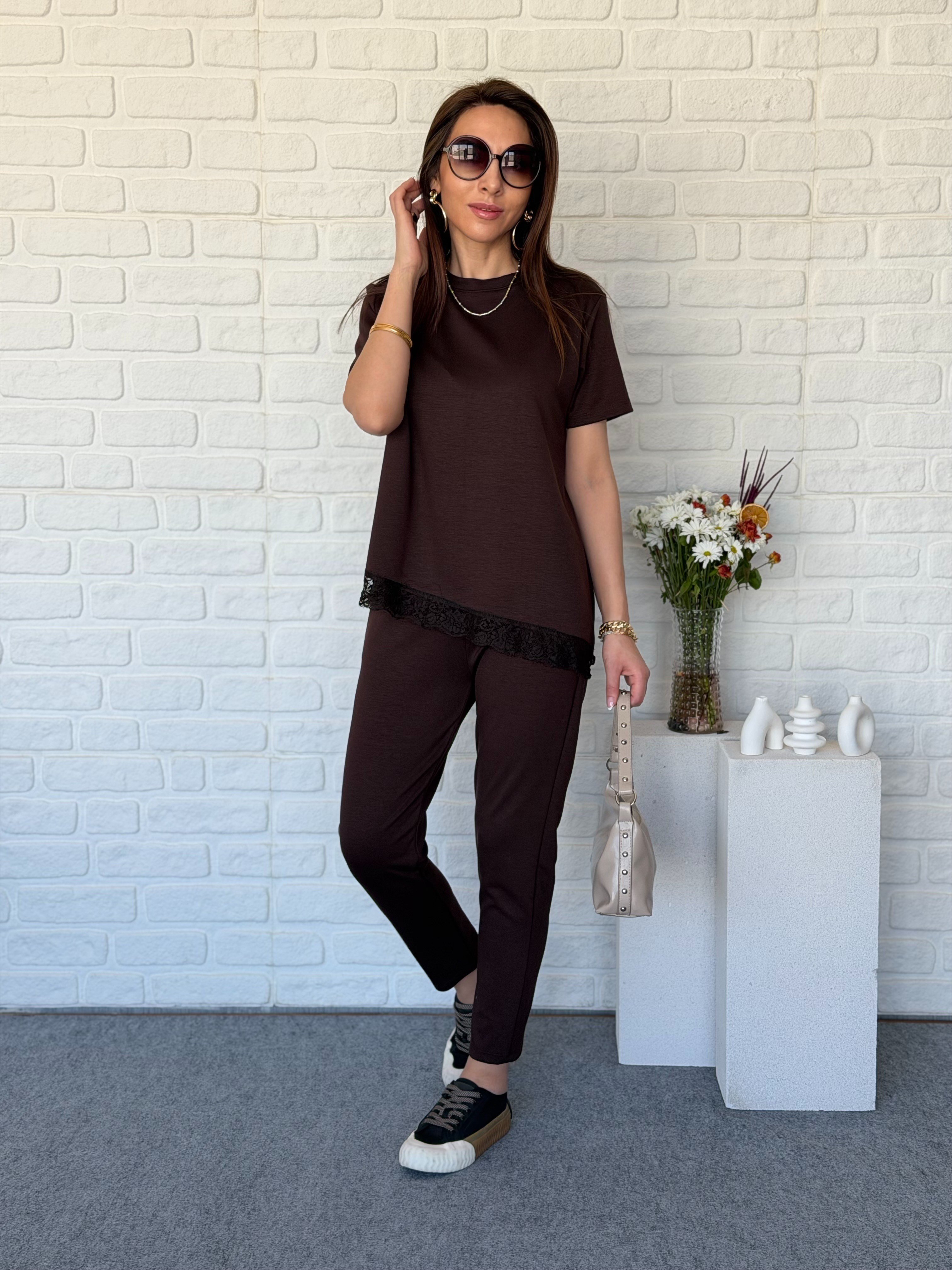 Dantelli Modal Takım Kahve