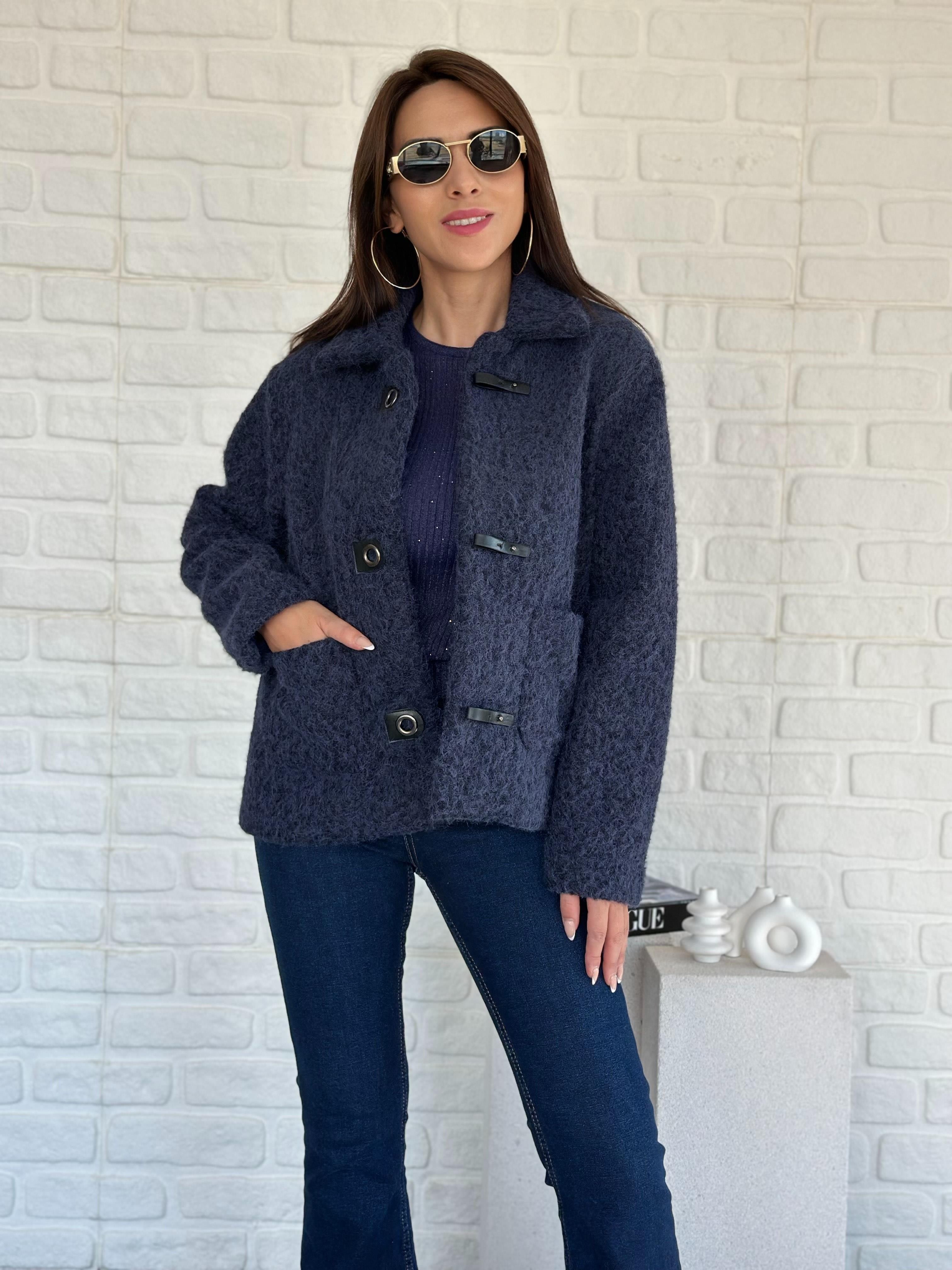 Deri Toka Detaylı Mont İndigo