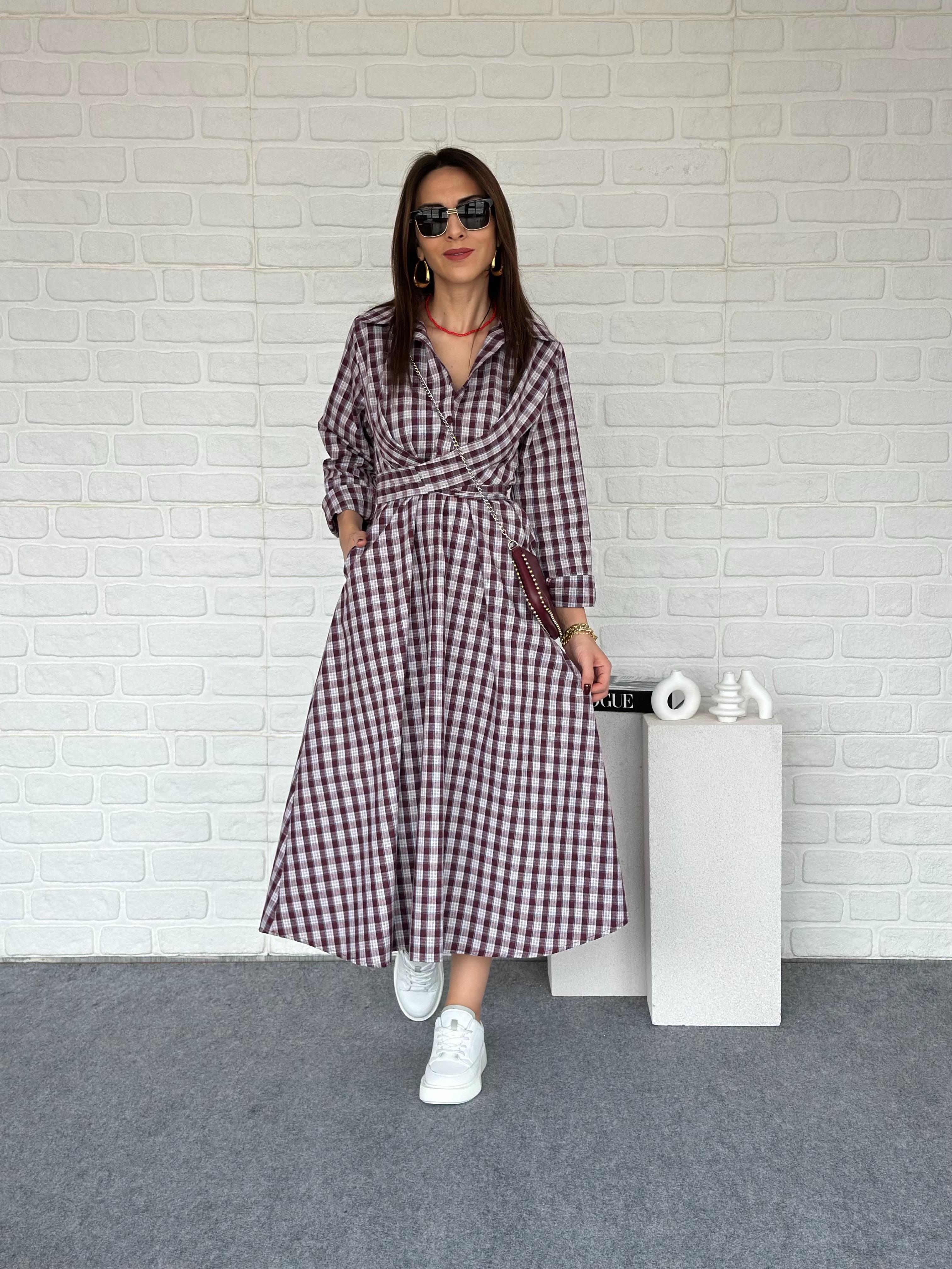 Ekose Bağlamalı Elbise Bordo