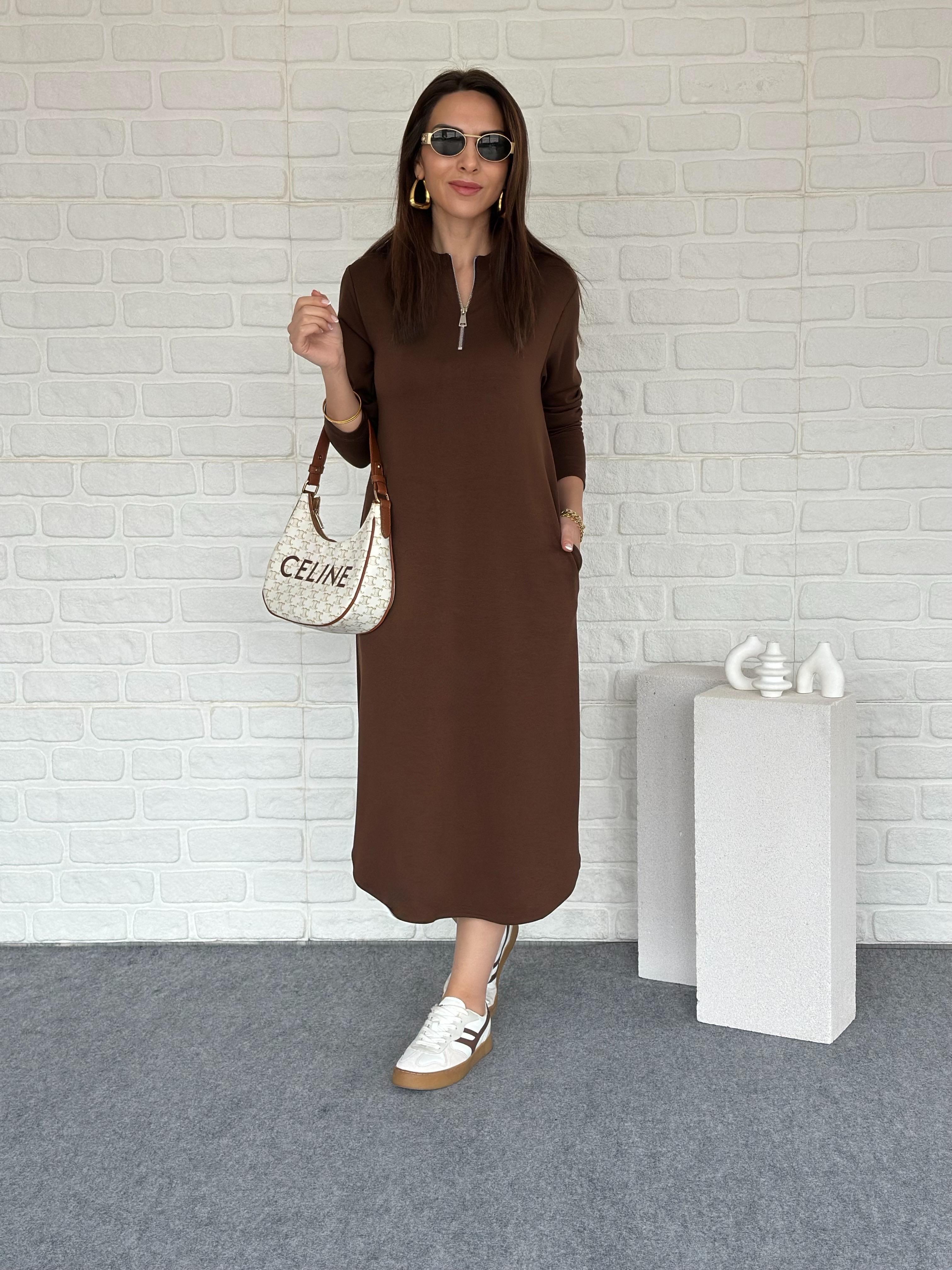 Fermuarlı Modal Elbise Kahve