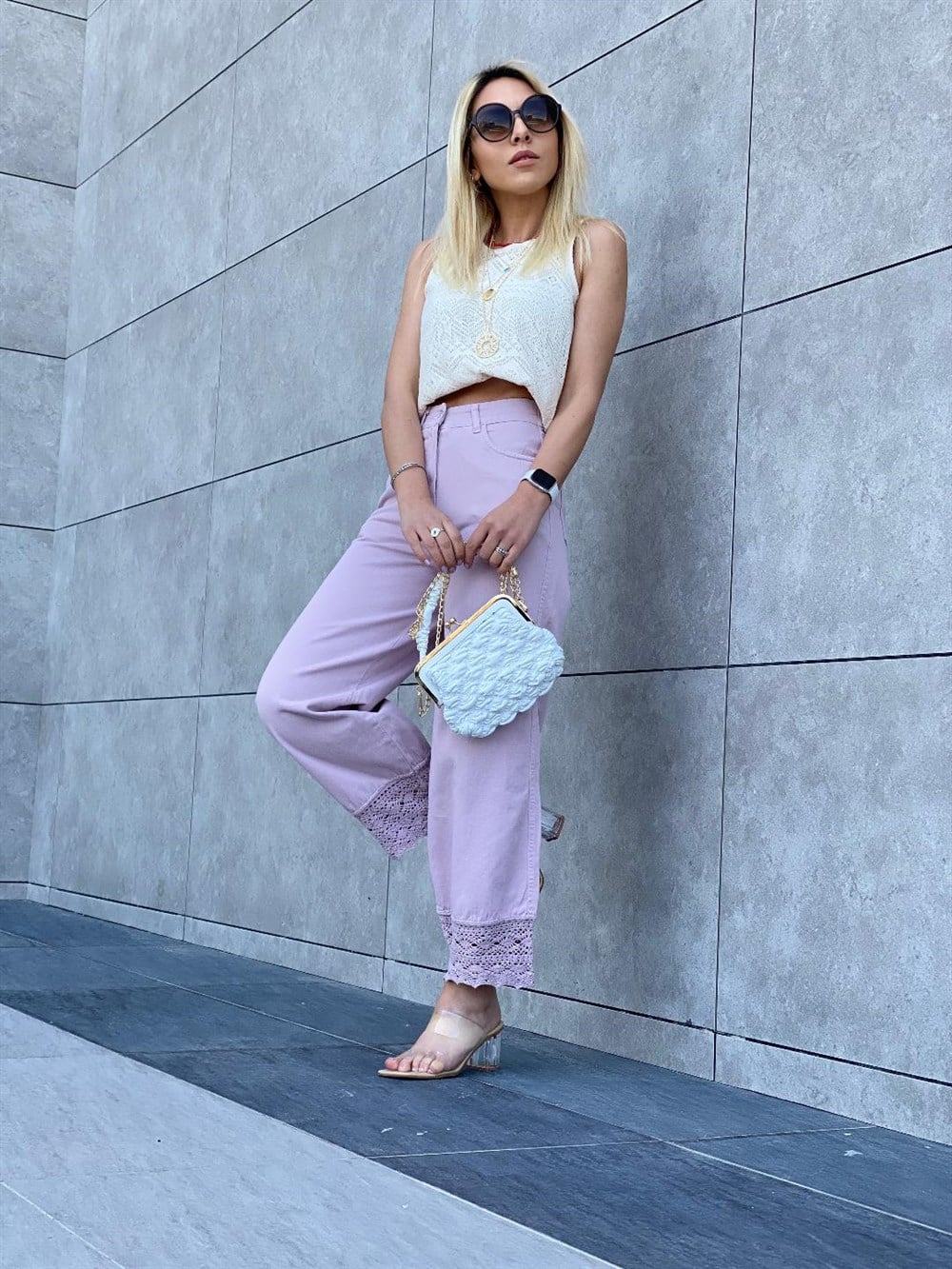 Güpür Detaylı Jean Pantolon Lila