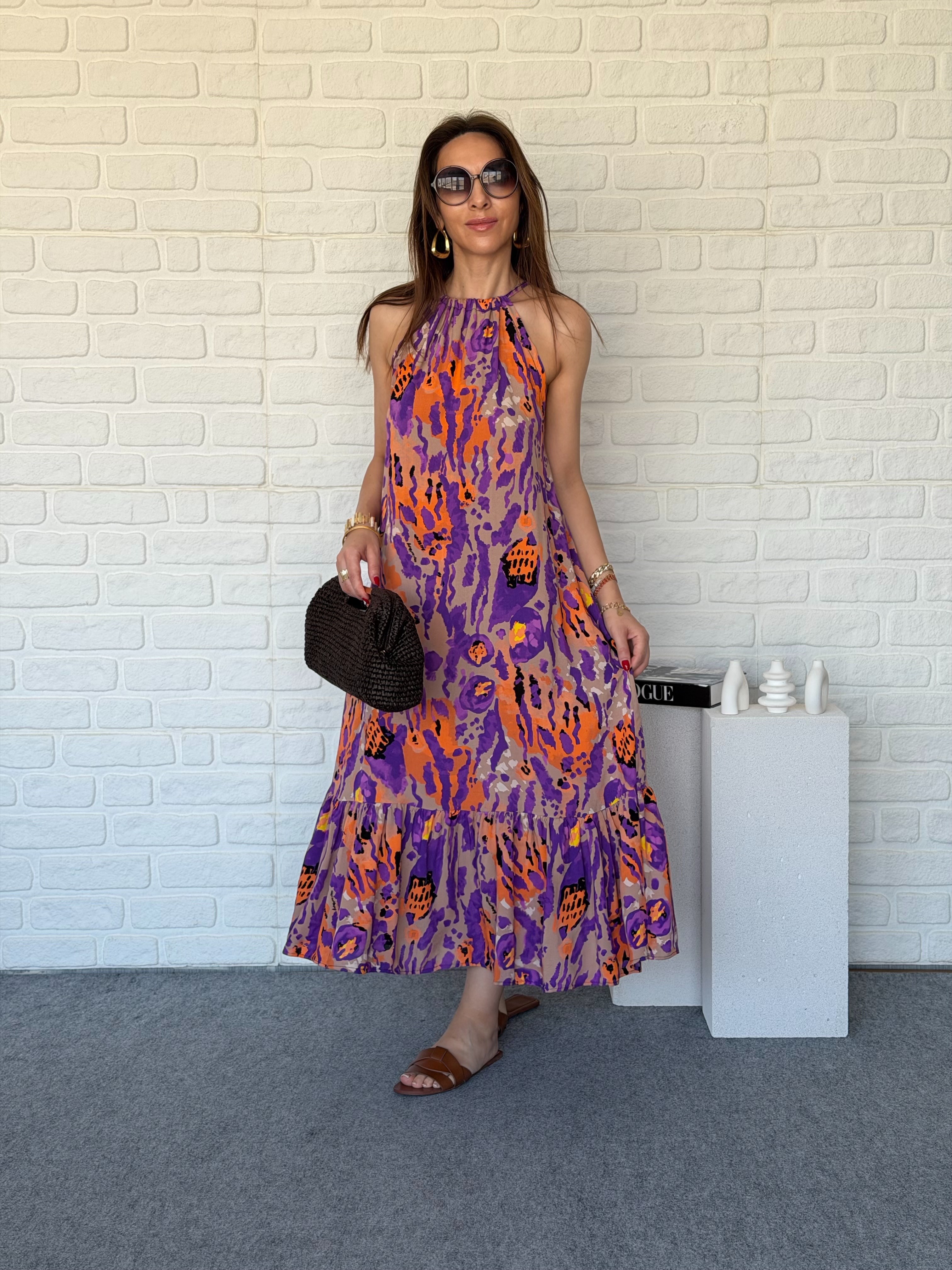 Halter Yaka Elbise Mor 