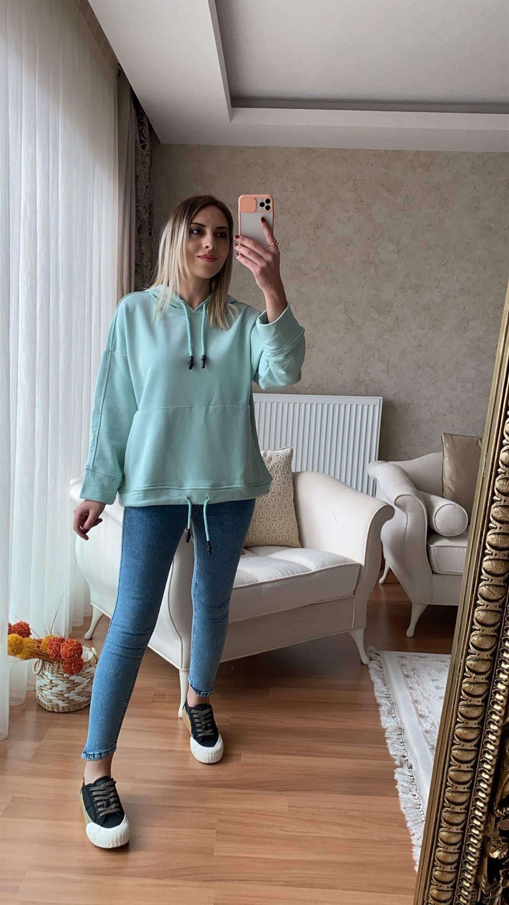 Kapüşonlu Mint Yeşili  Sweatshirt