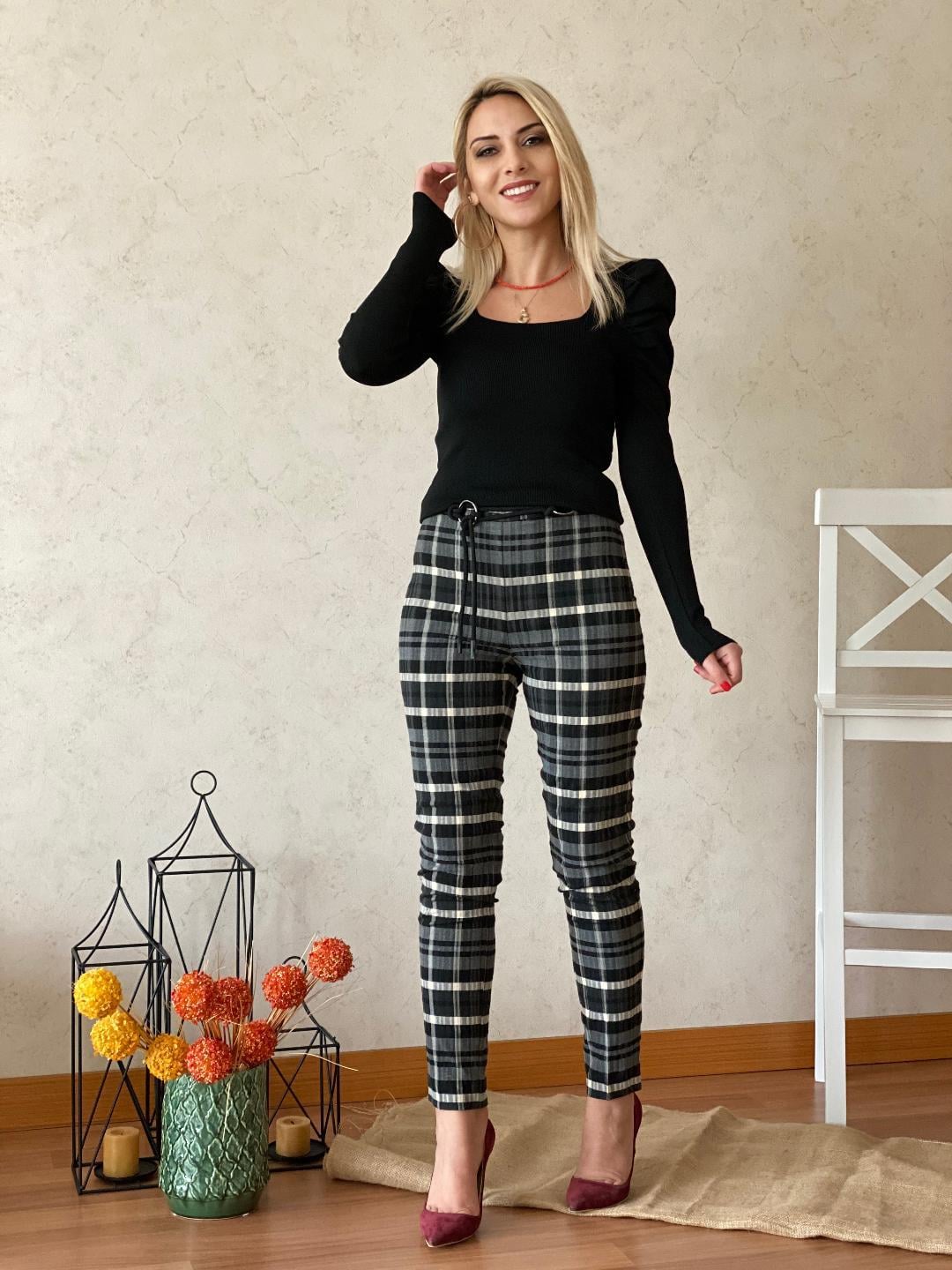 Kemerli Ekose Pantolon