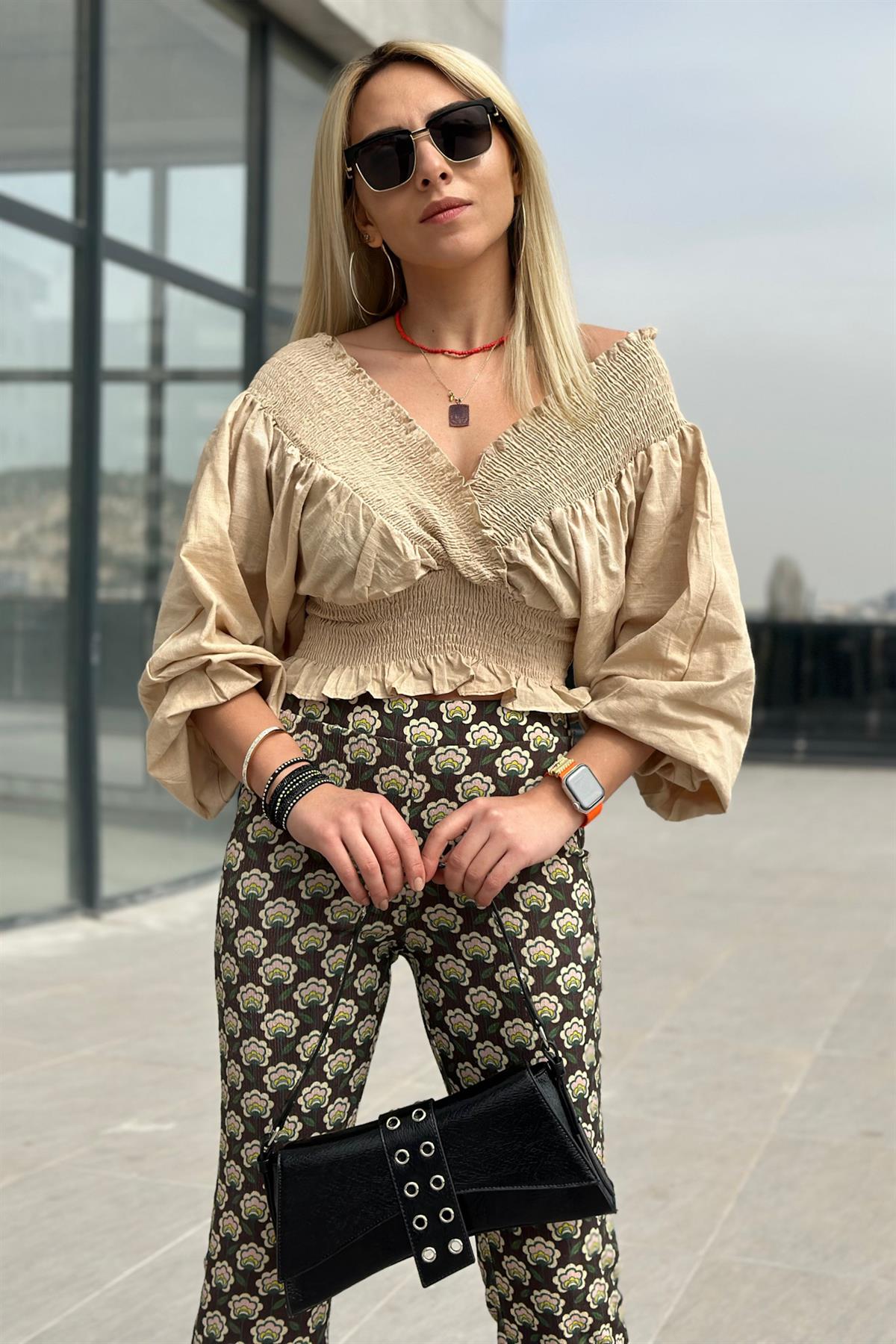 Kruvaze Keten Bluz Camel
