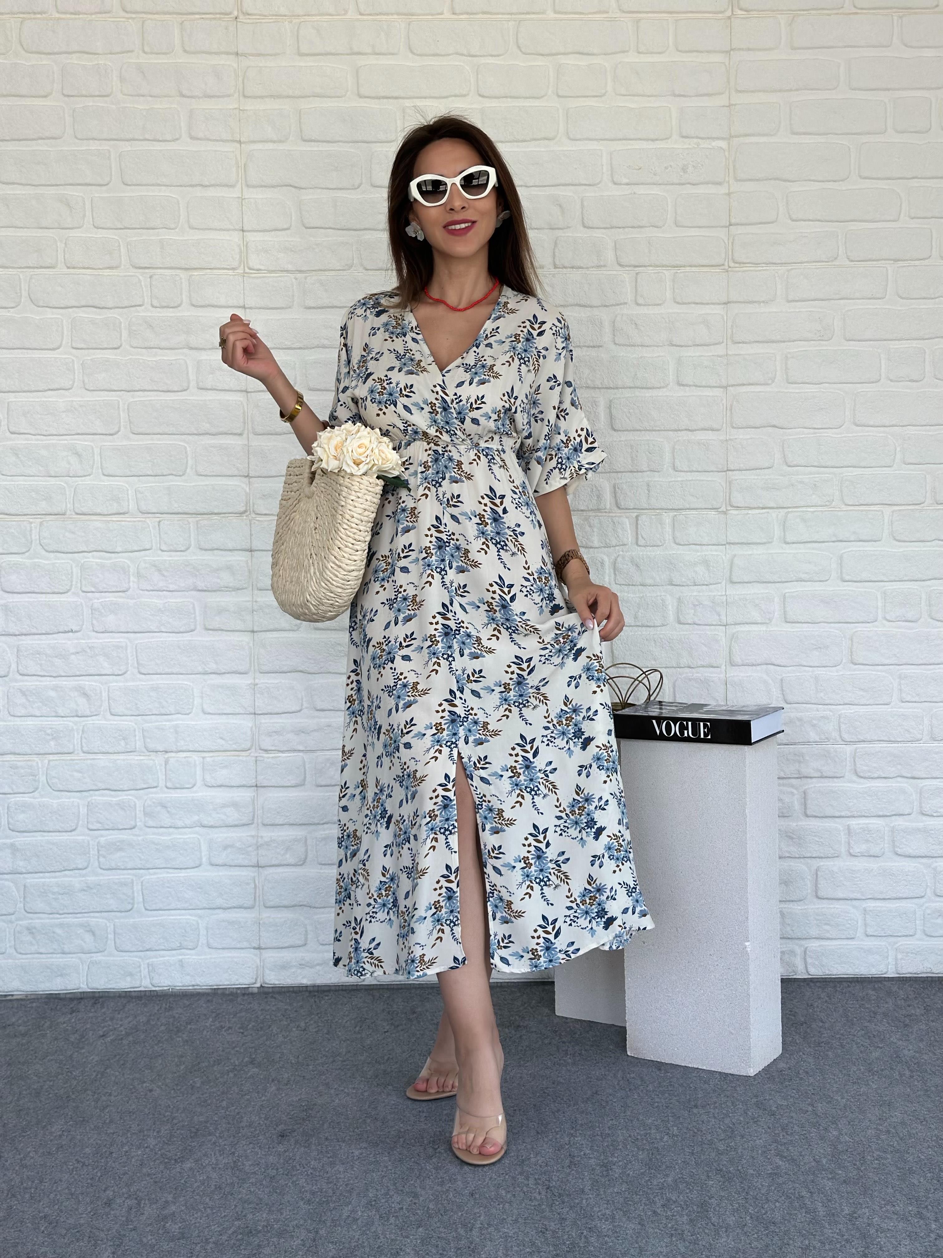 Kruvaze Yırtmaçlı Elbise Mavi