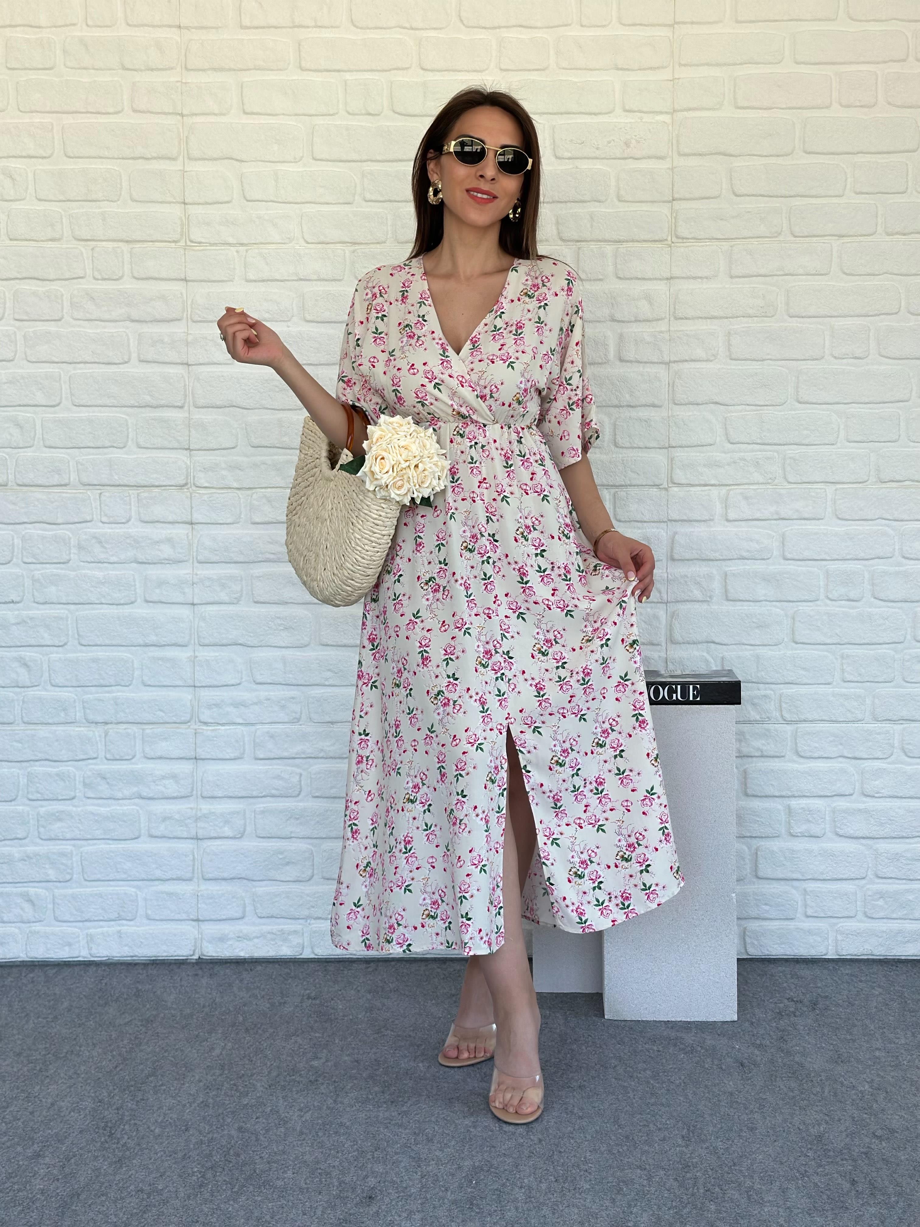 Kruvaze Yırtmaçlı Elbise Pembe