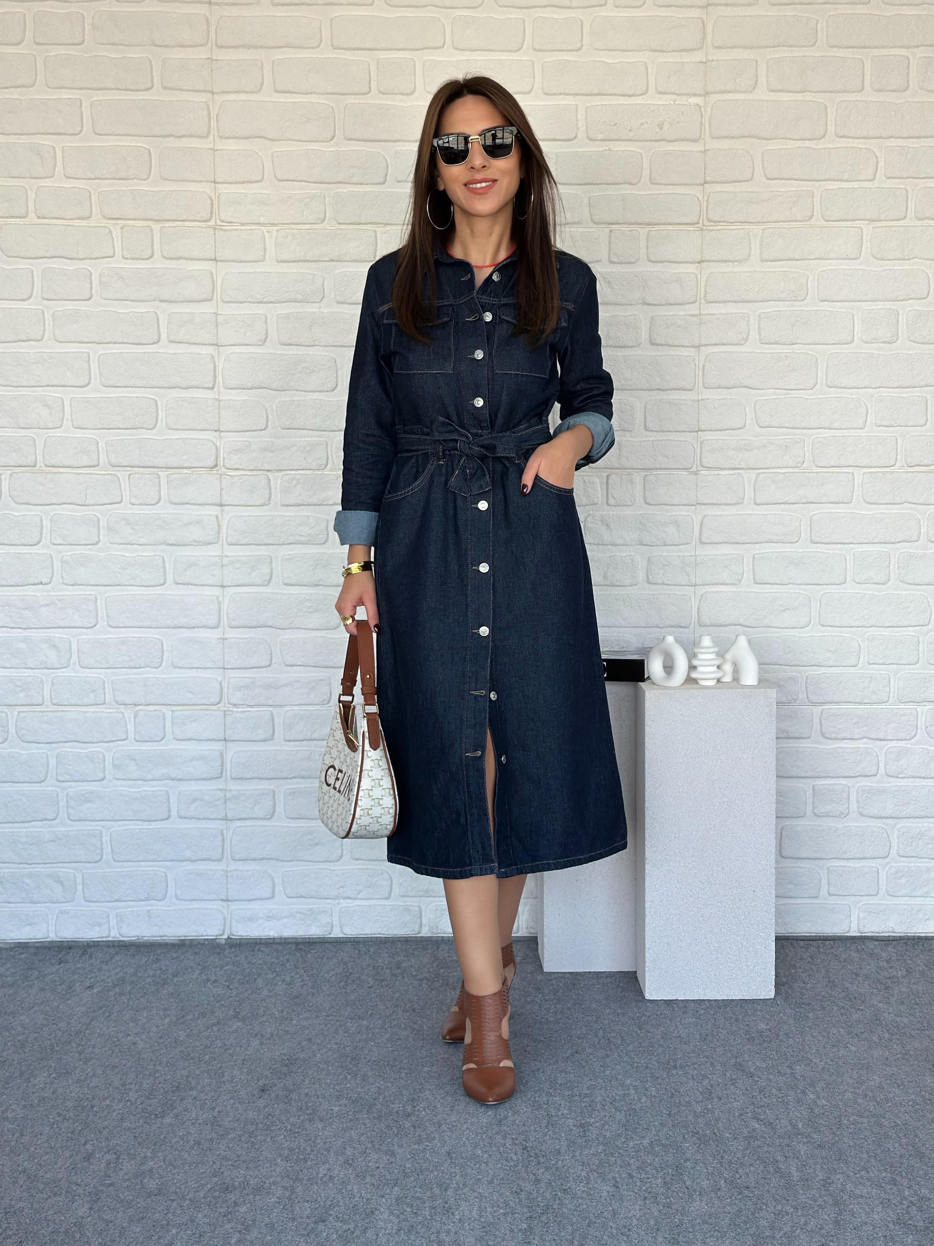 Kuşaklı Kot Elbise