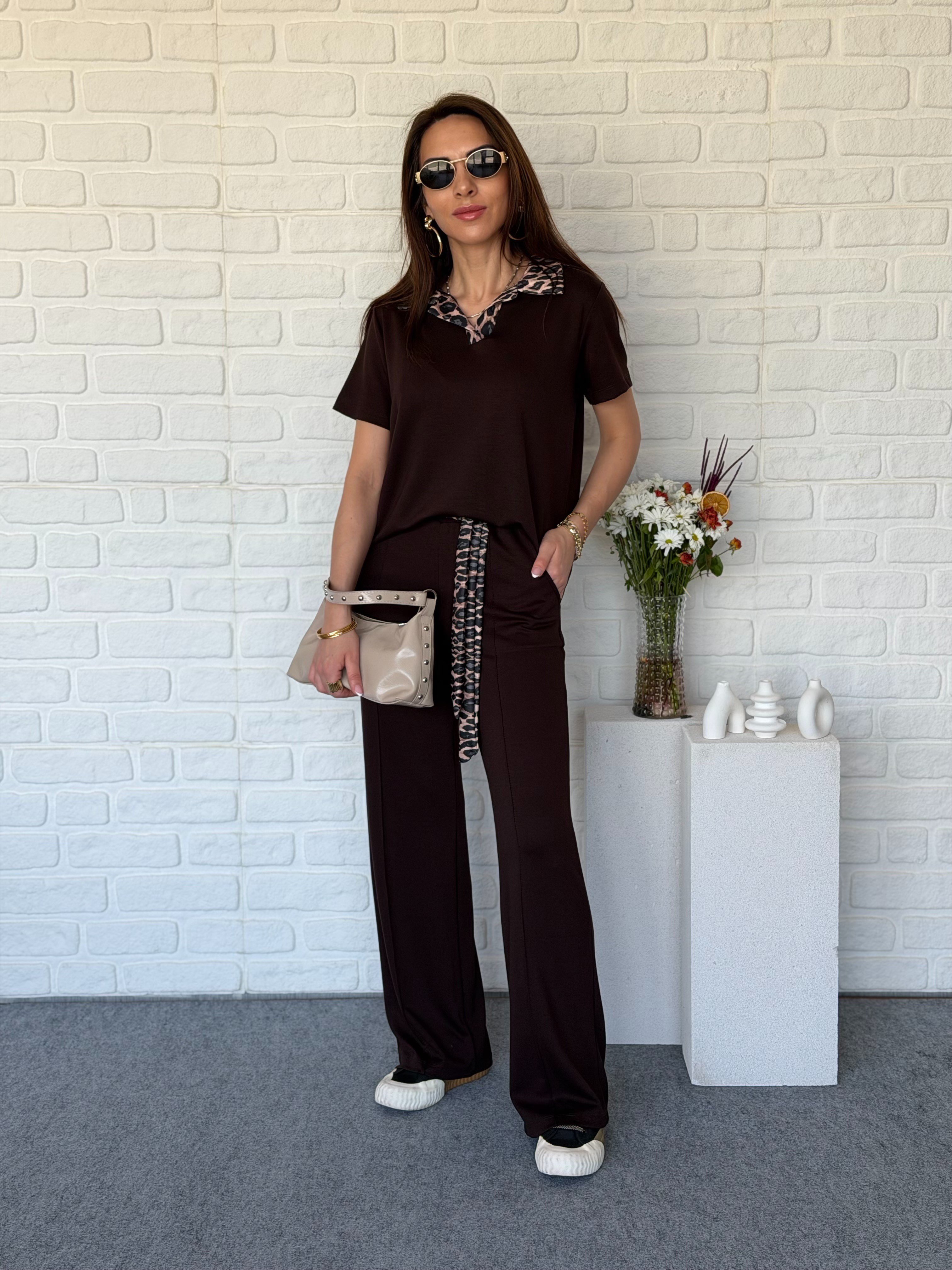 Leopar Detaylı Modal Takım Kahve