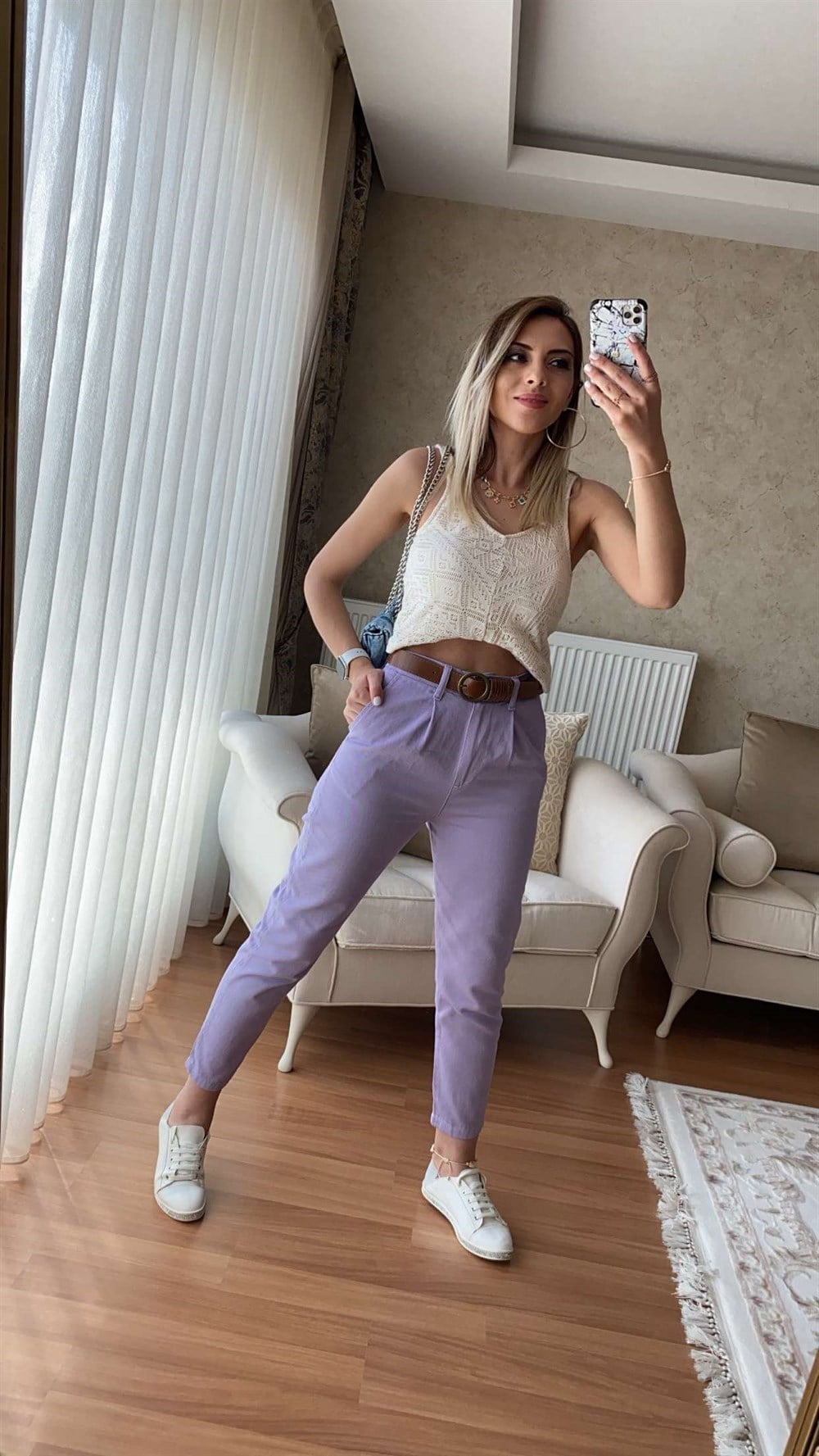 Lila Kendinden Kemerli Jean Pantolon