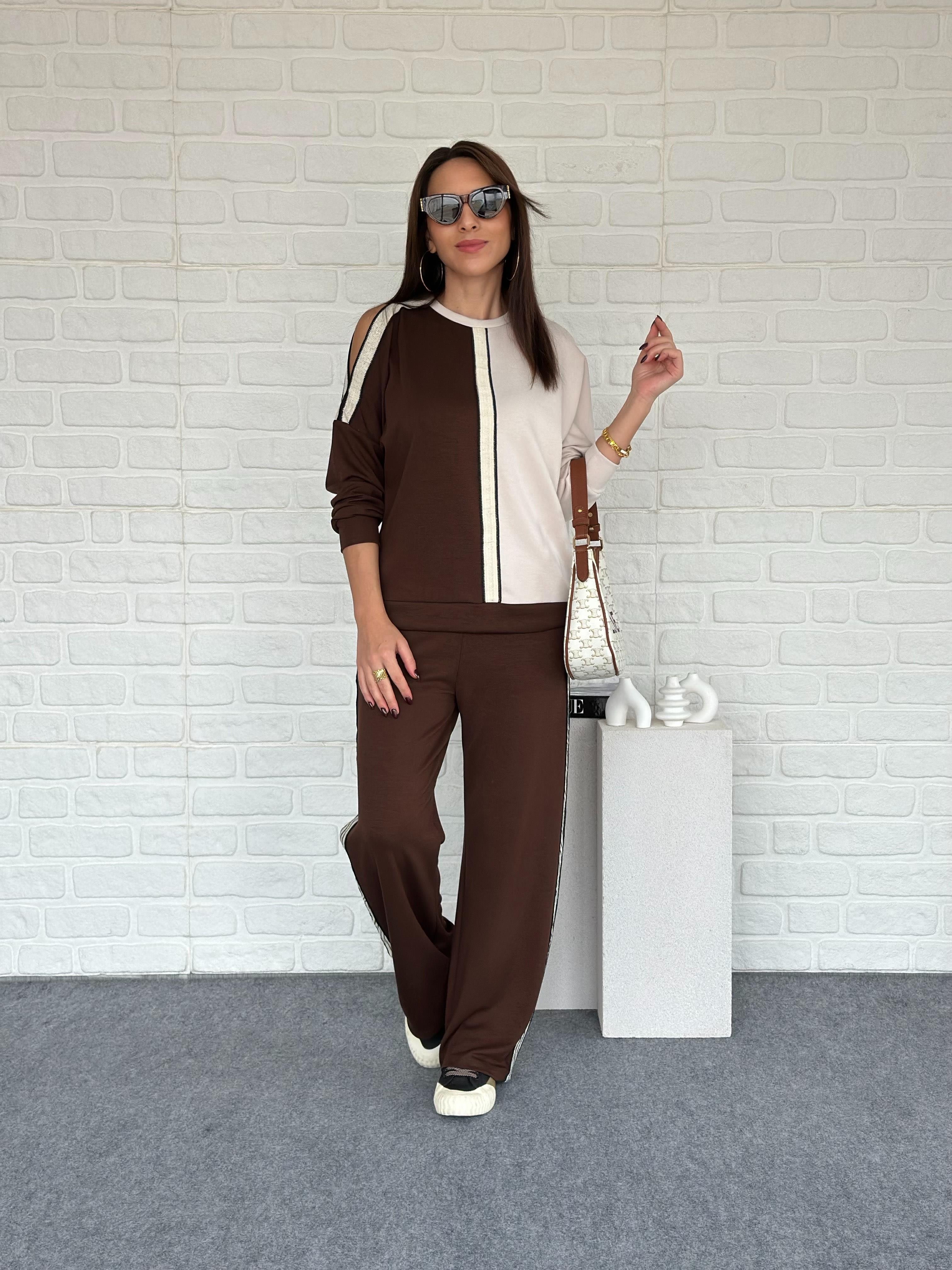 Omuz Dekolteli Modal Takım Kahve