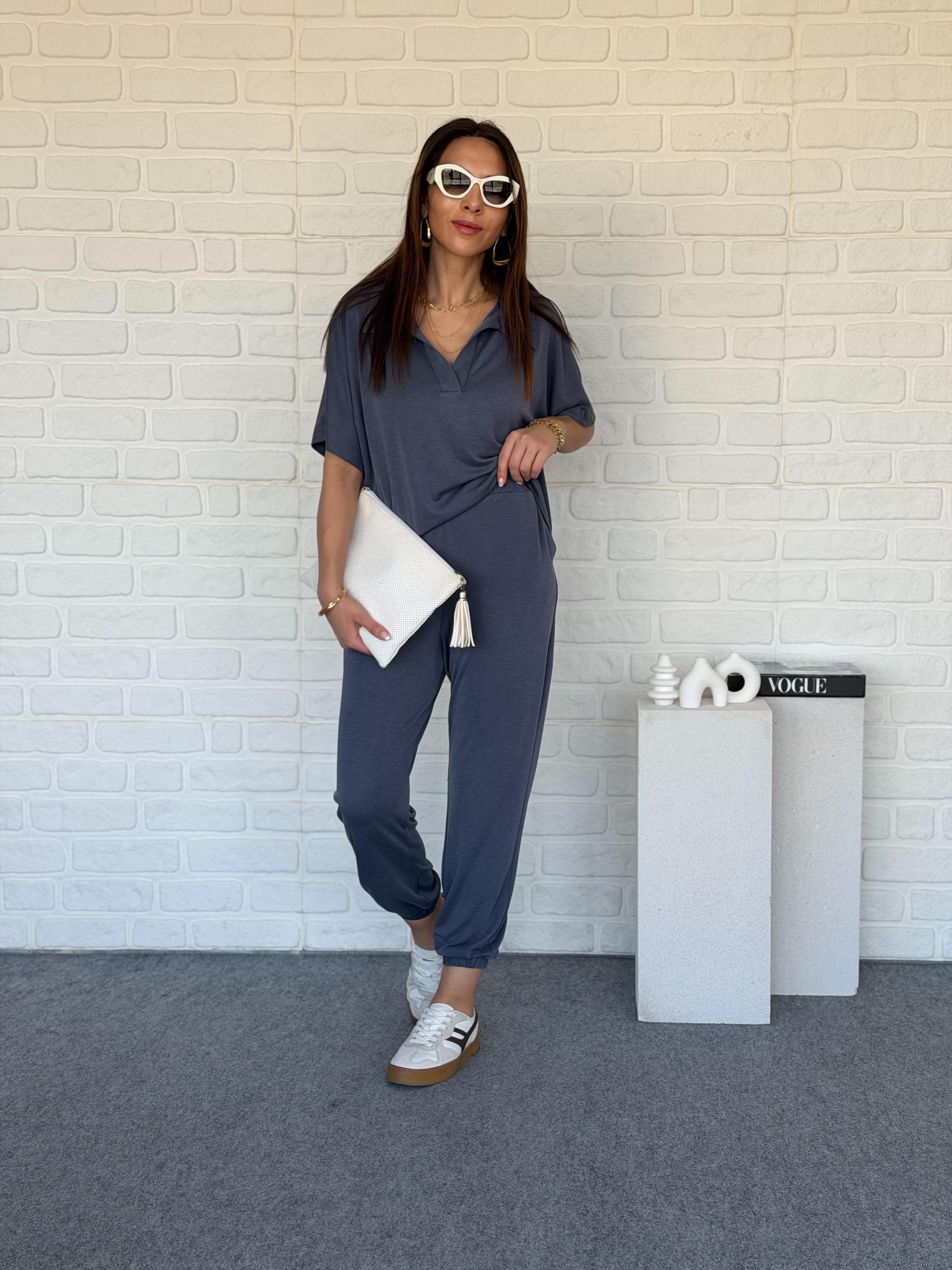 Polo Yaka Şalvar Modal Takım Mavi