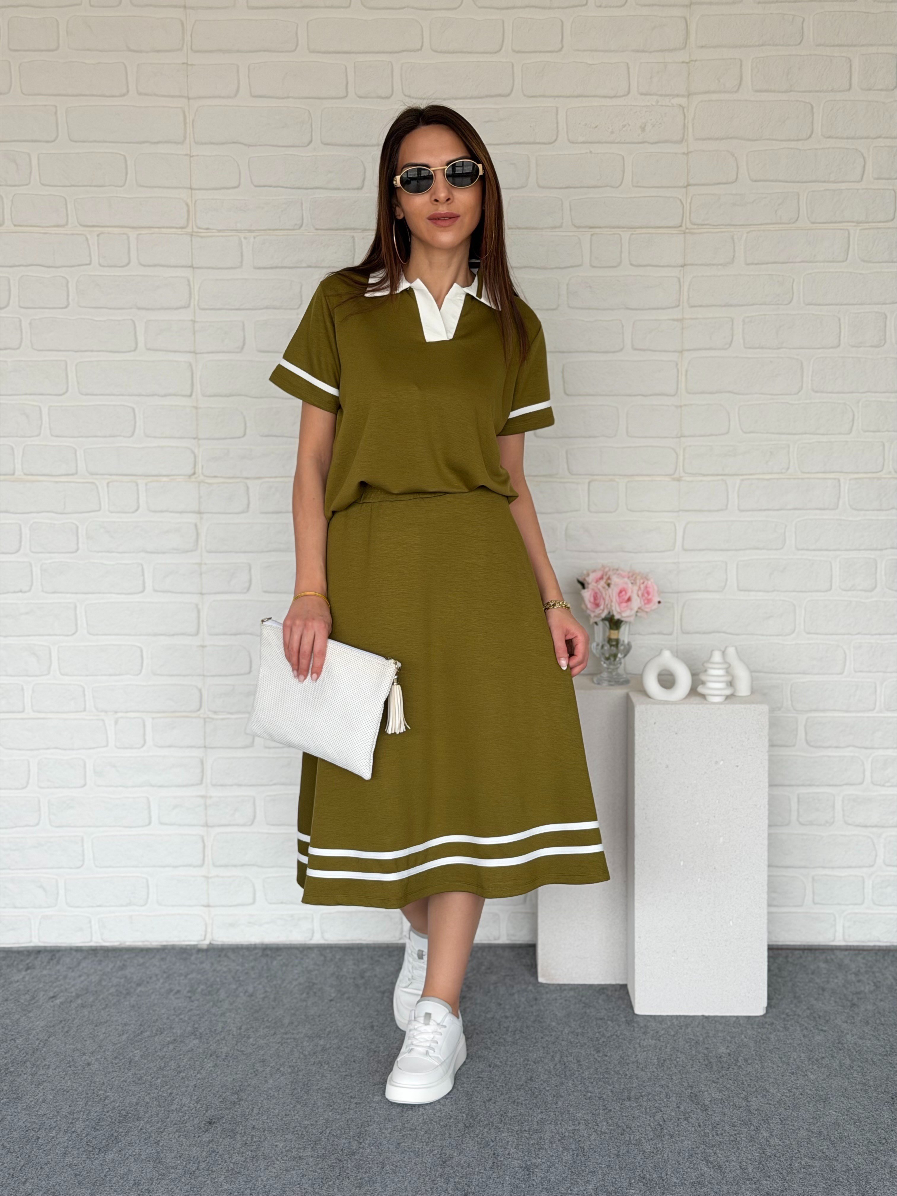 Polo Yaka Şeritli Etekli Takım Yağ Yeşil