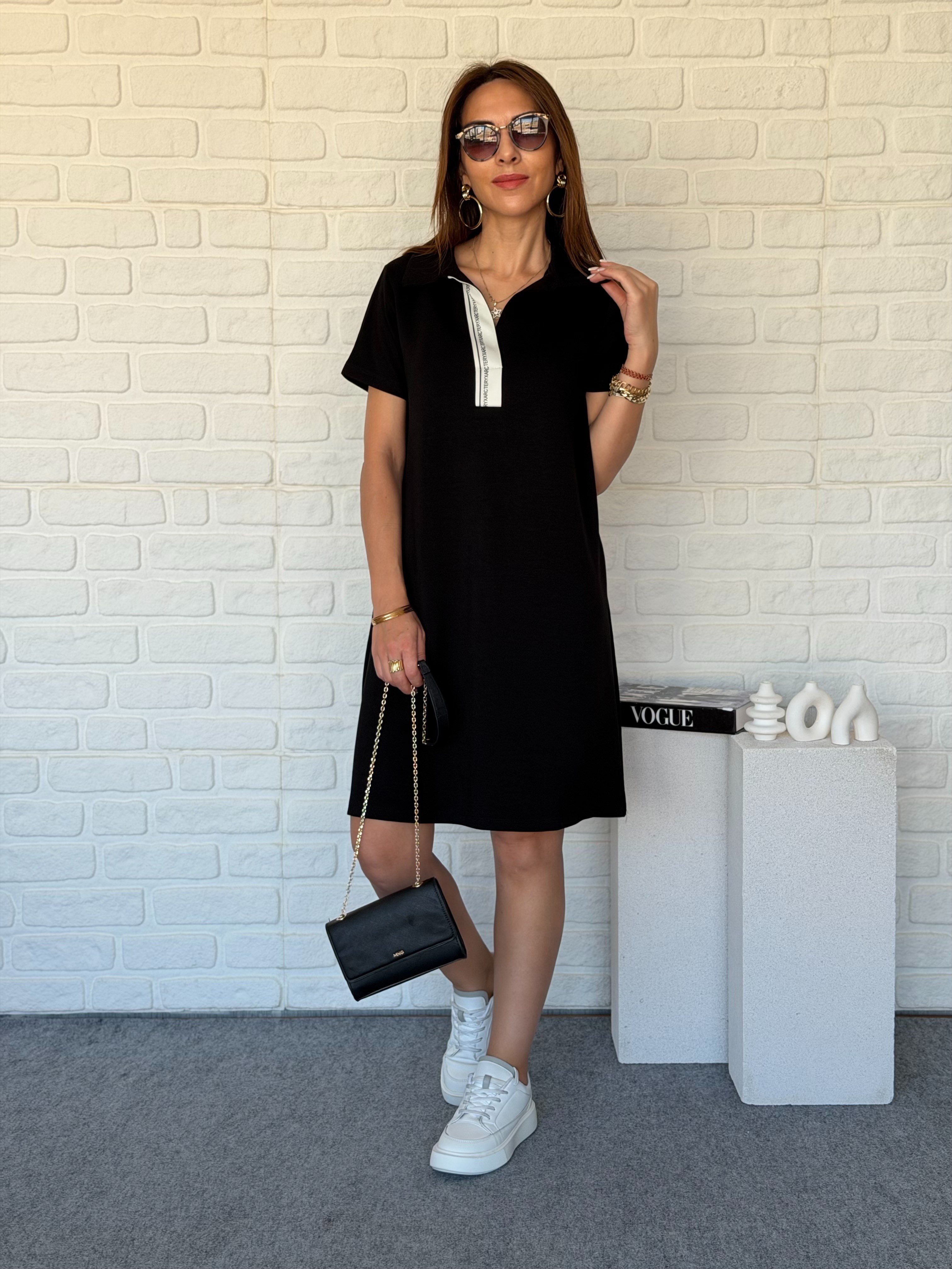 Polo Yaka Şeritli Modal Elbise 