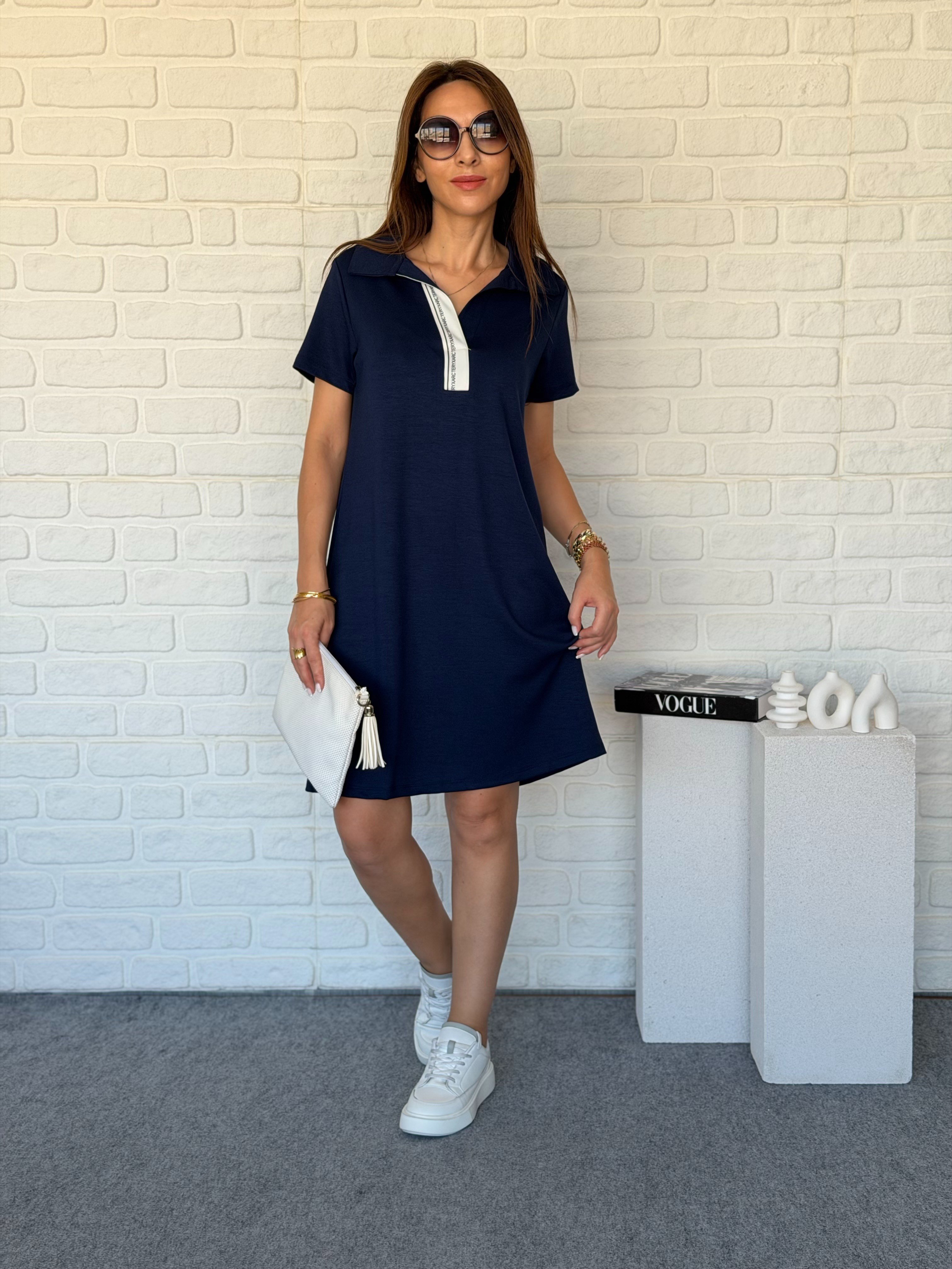 Polo Yaka Şeritli Modal Elbise