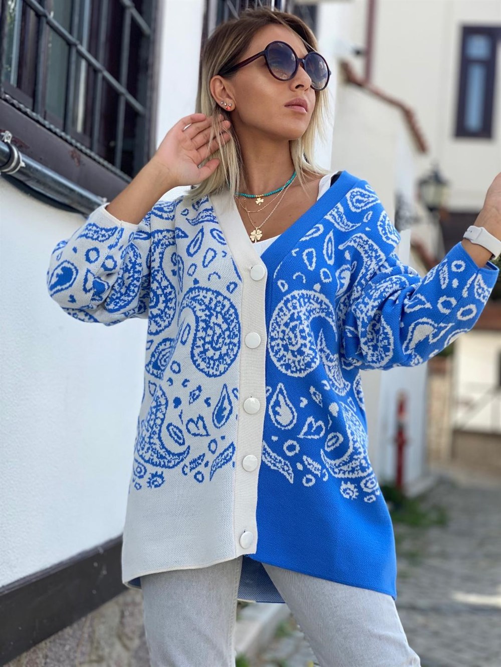 Şal Desen Hırka Mavi Beyaz