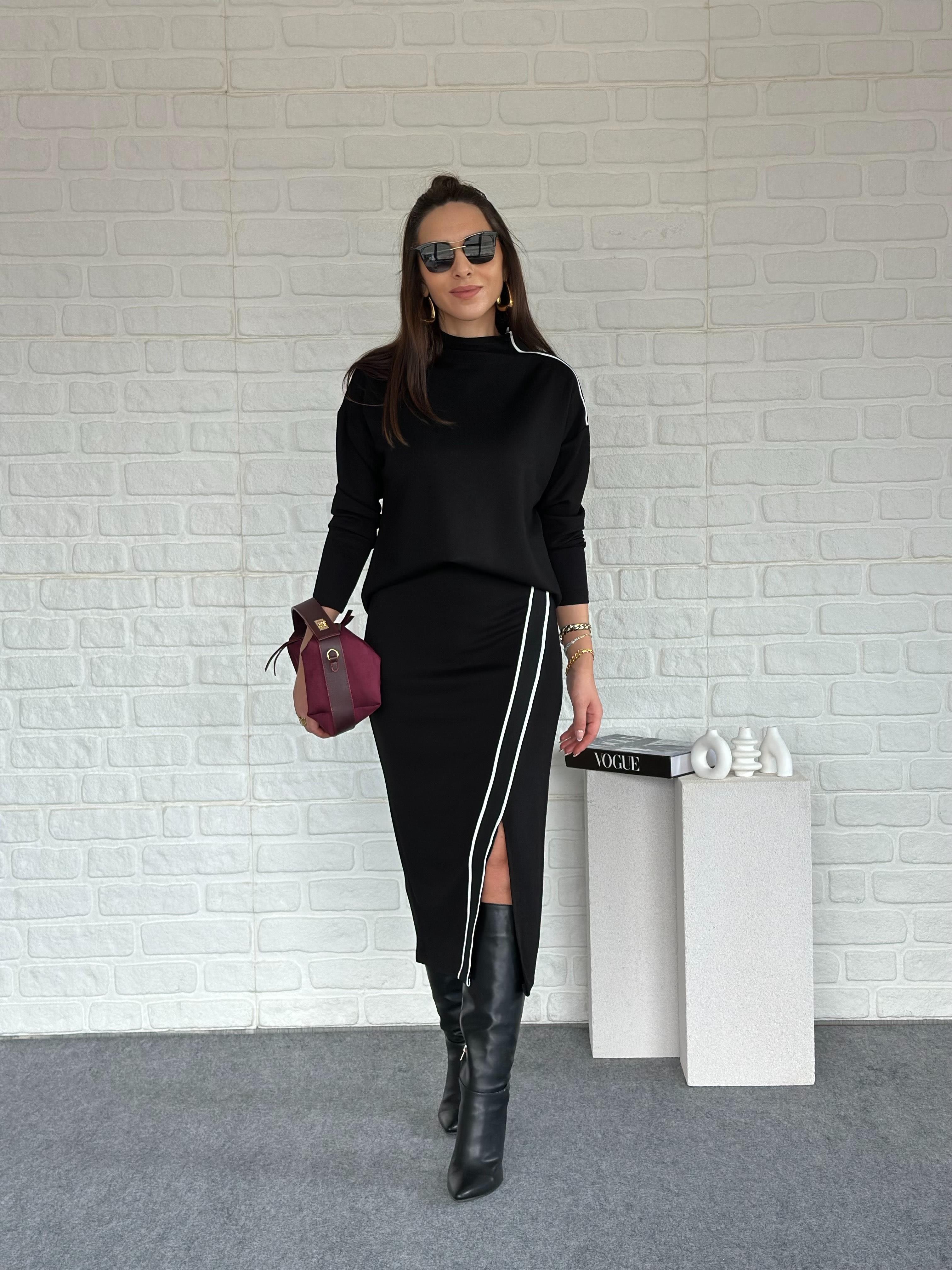 Şeritli Modal Etek Takım Siyah