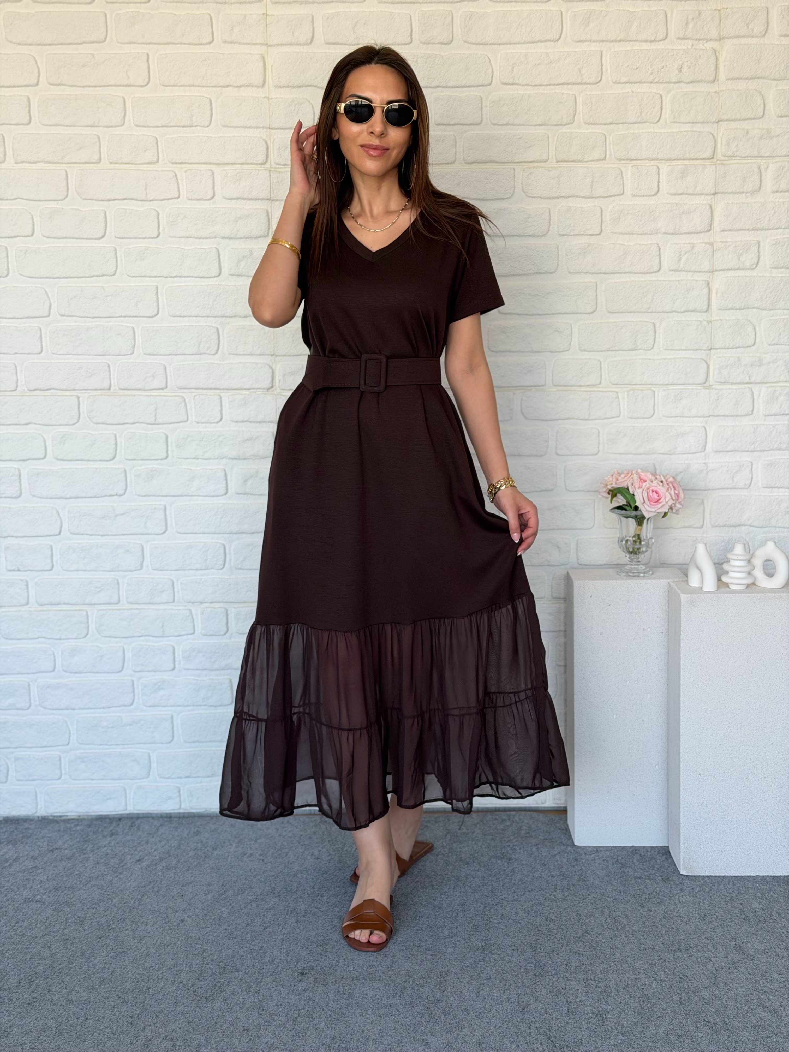 Şifon Detaylı Kemerli Modal Elbise Kahve