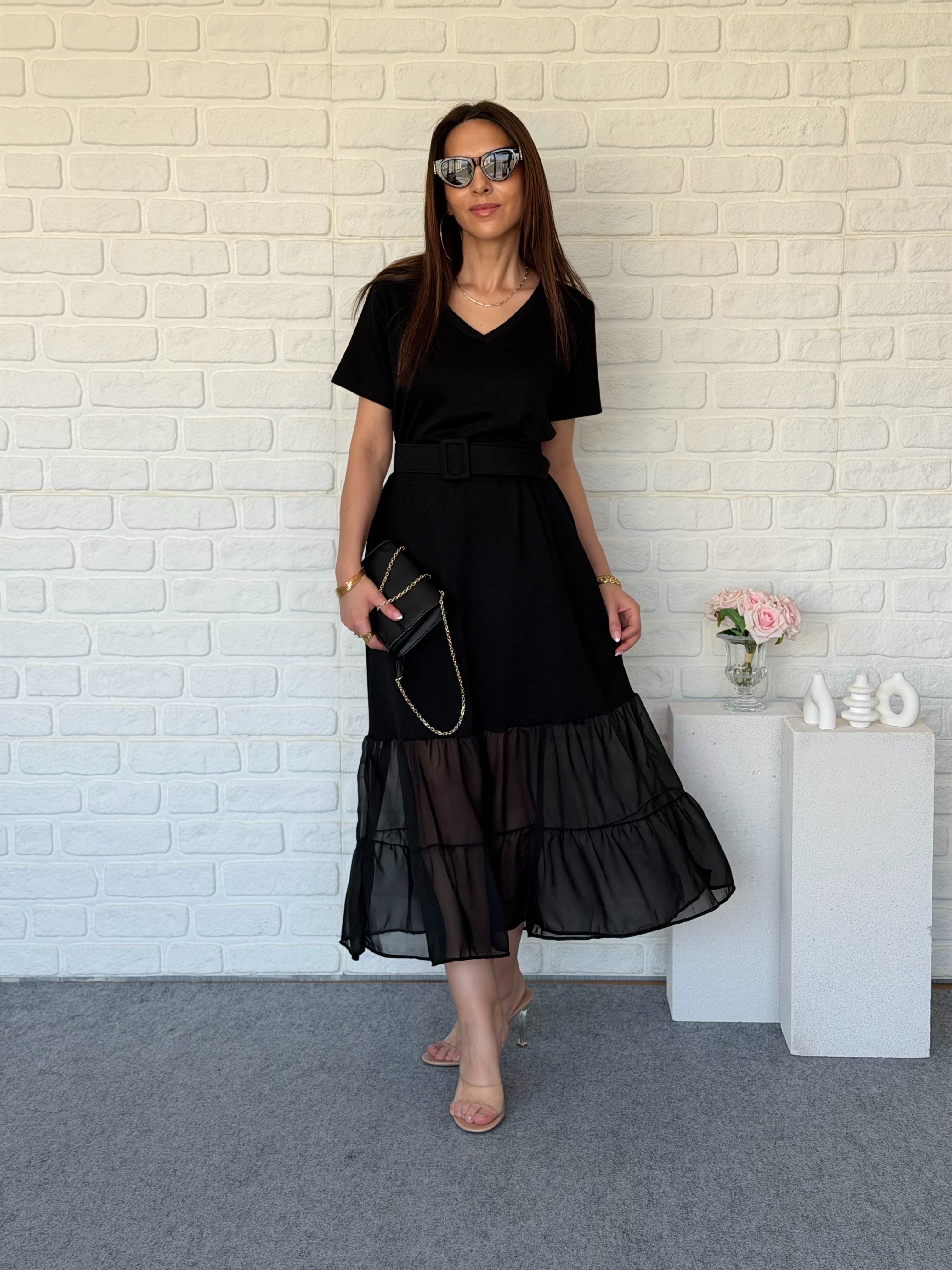 Şifon Detaylı Kemerli Modal Elbise Siyah