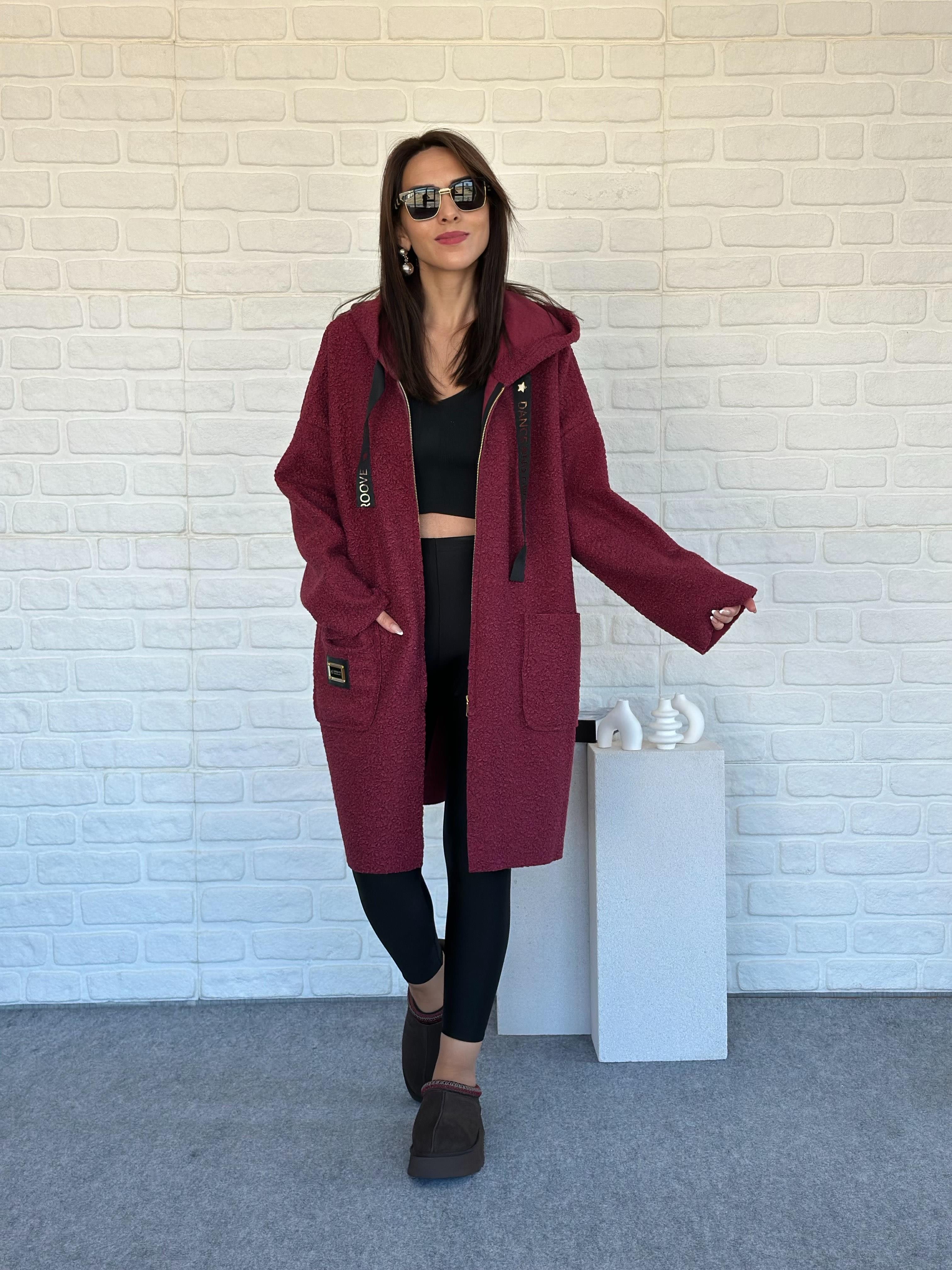 Teddy Kapüşonlu Ceket Bordo