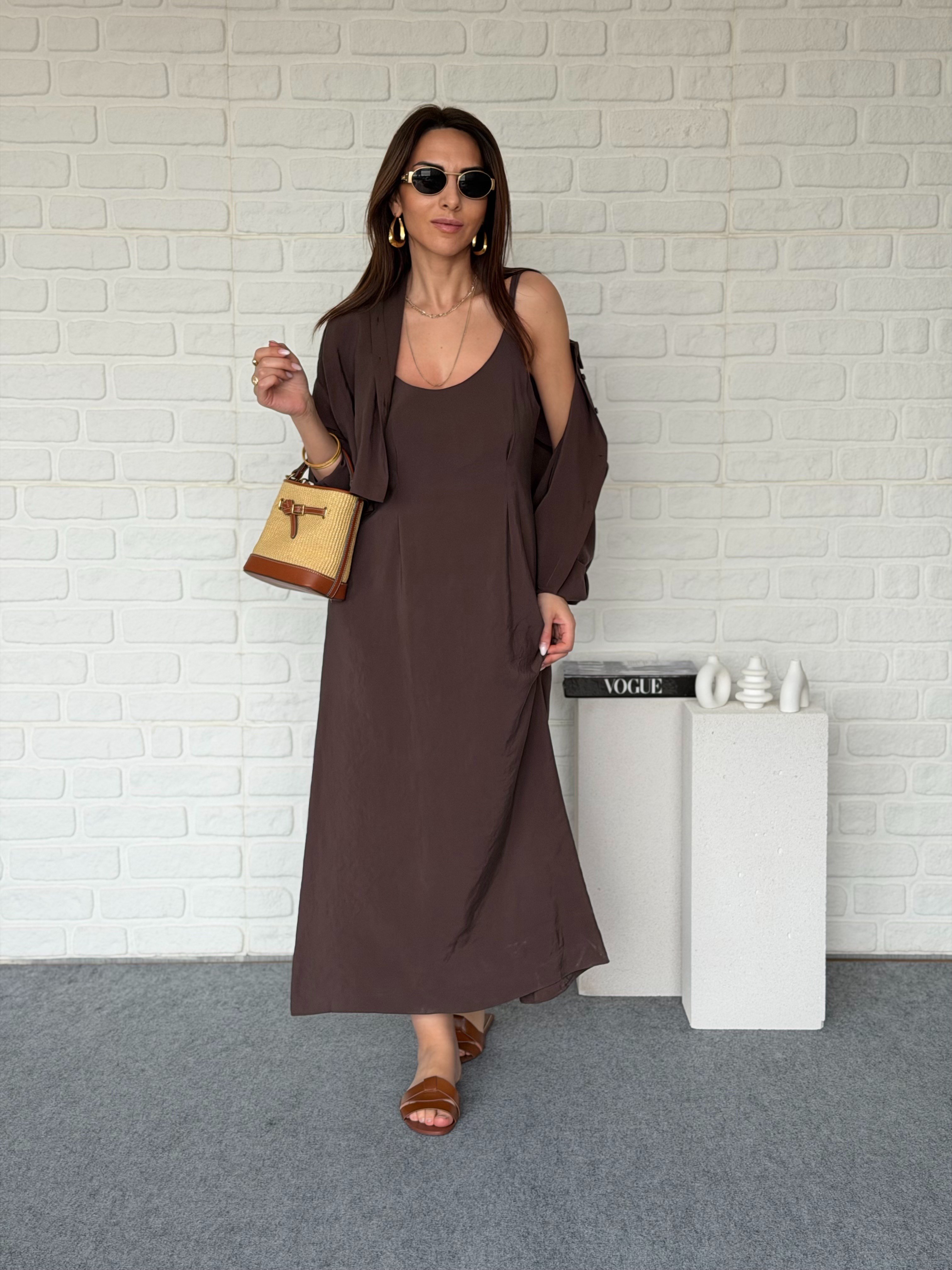 Tensel Gömlek Elbise Takım Kahve