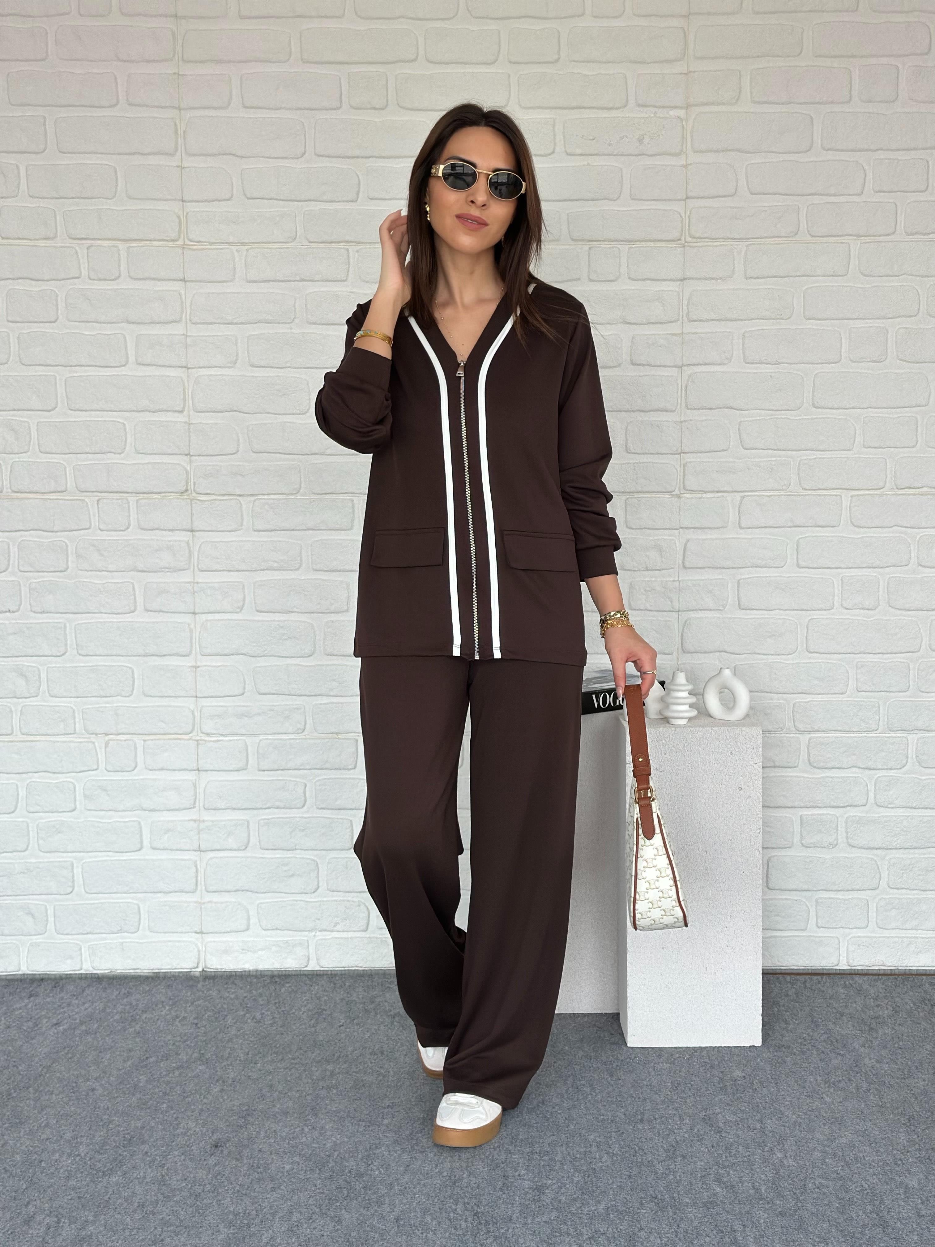 V Yaka Fermuarlı Modal Takım Kahve