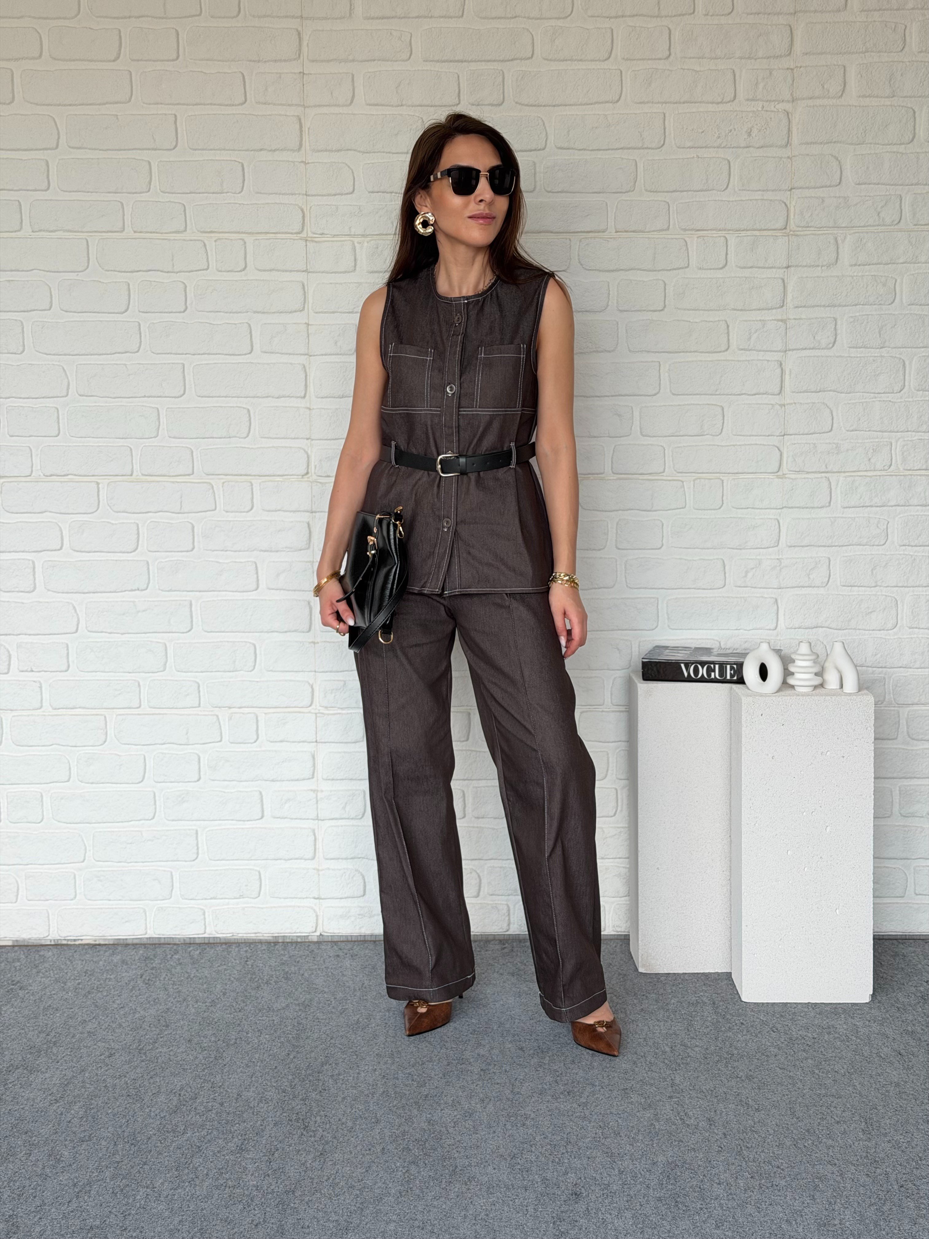 Yelekli Kot Takım Kahve