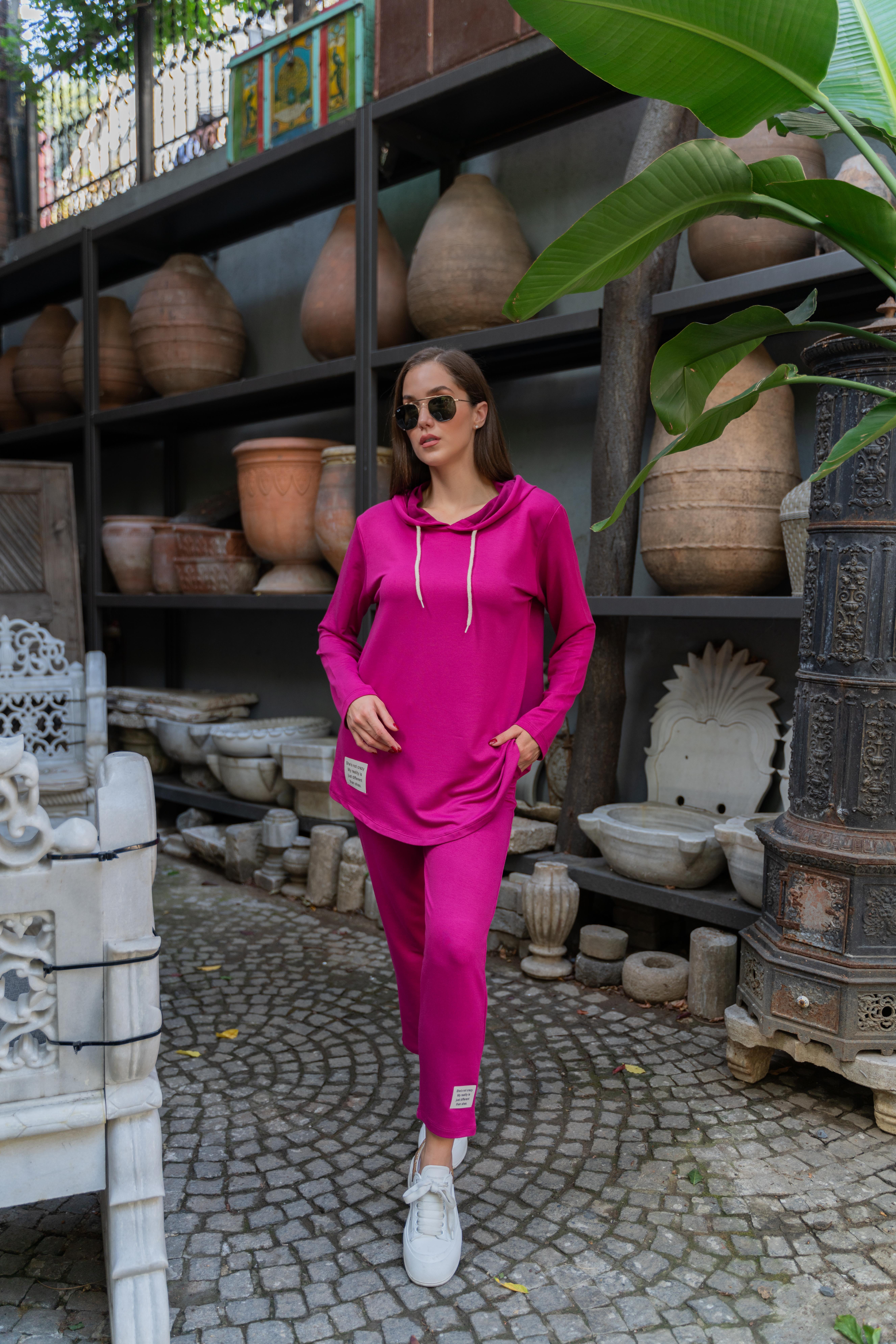 Aramalı Kapüşonlu Takım Fuşya