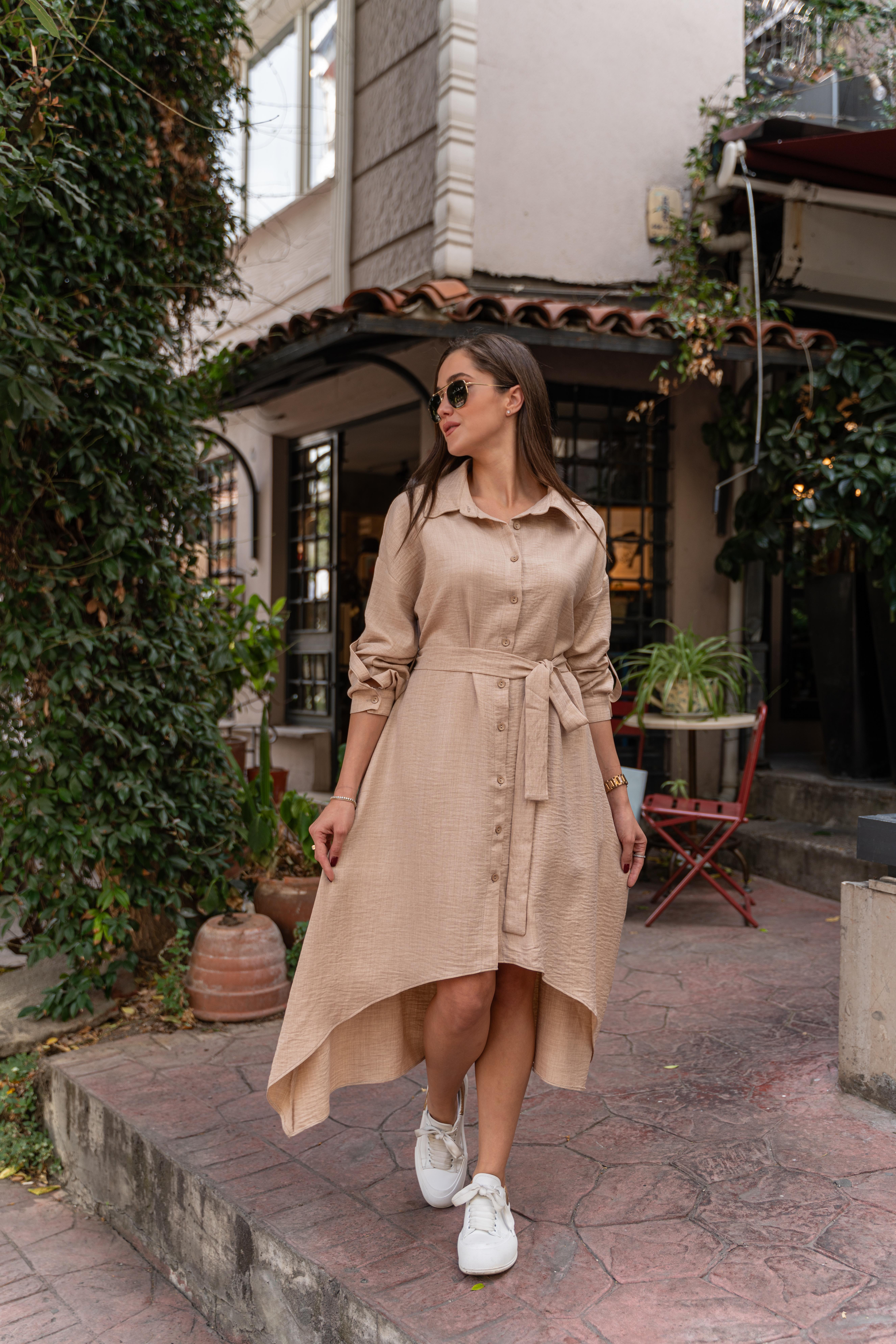 Asimetrik Gömlek Elbise Camel