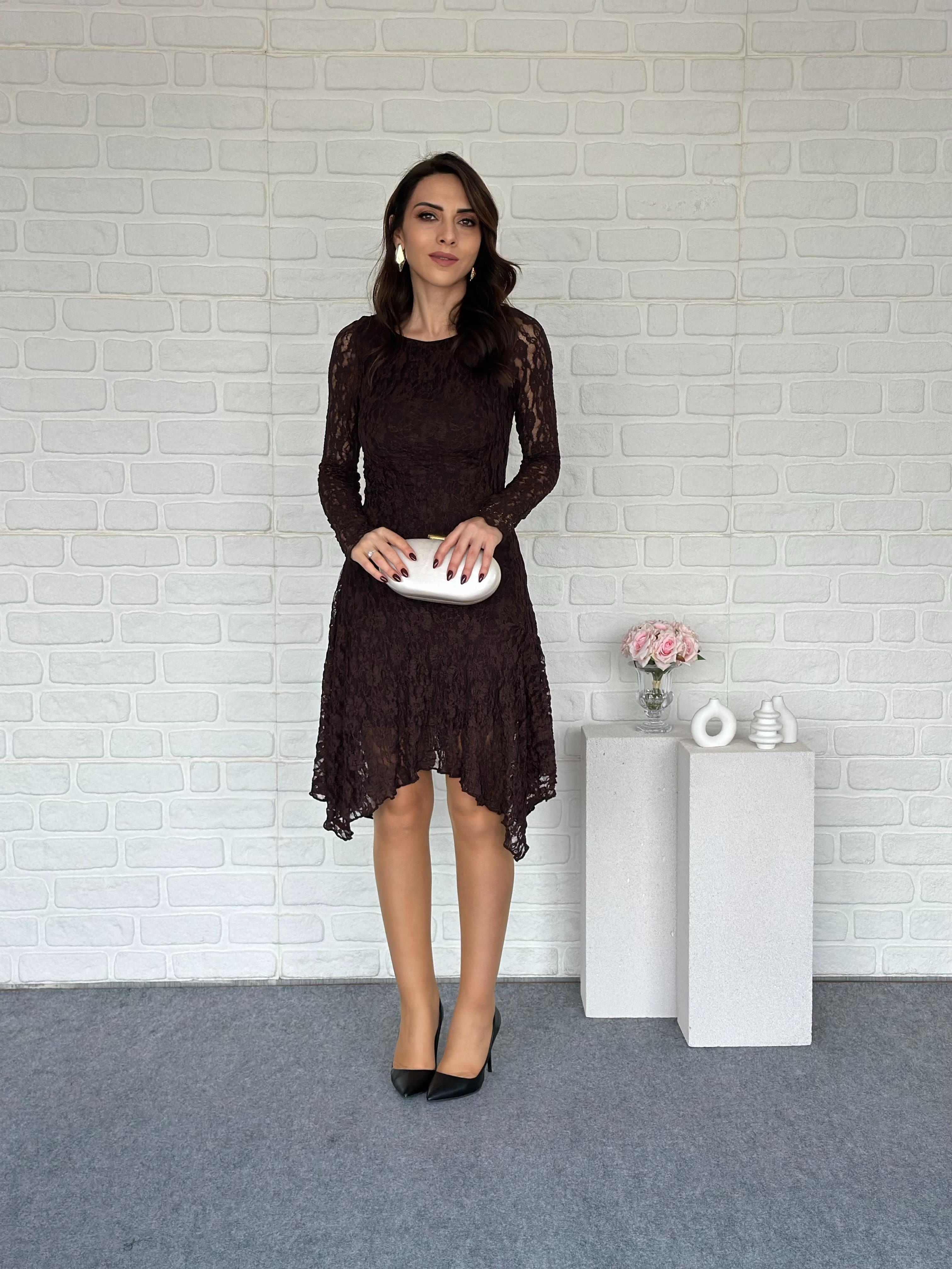 Asimetrik Güpür  Elbise Kahve