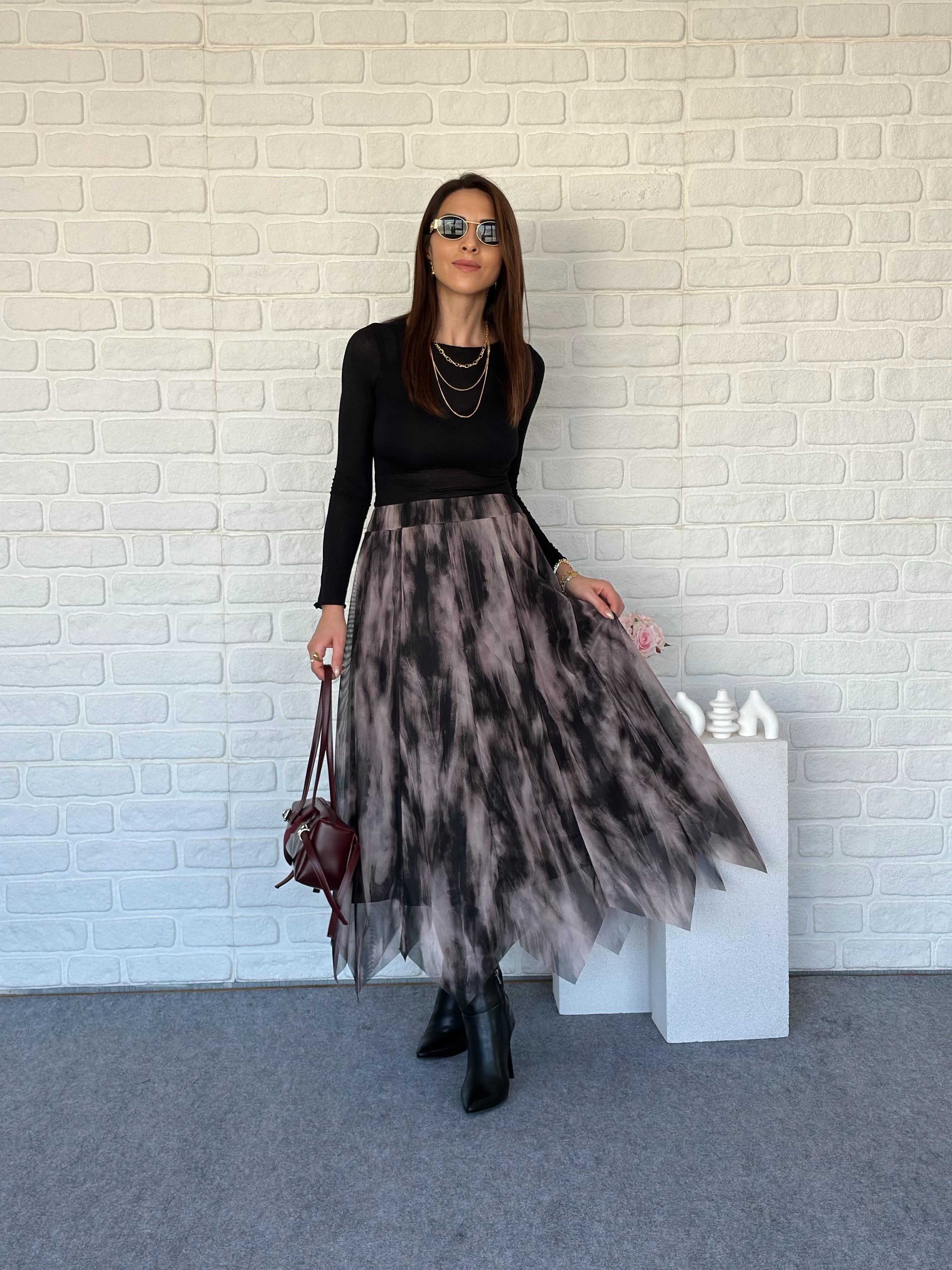 Asimetrik Şal Desen Etek Gri