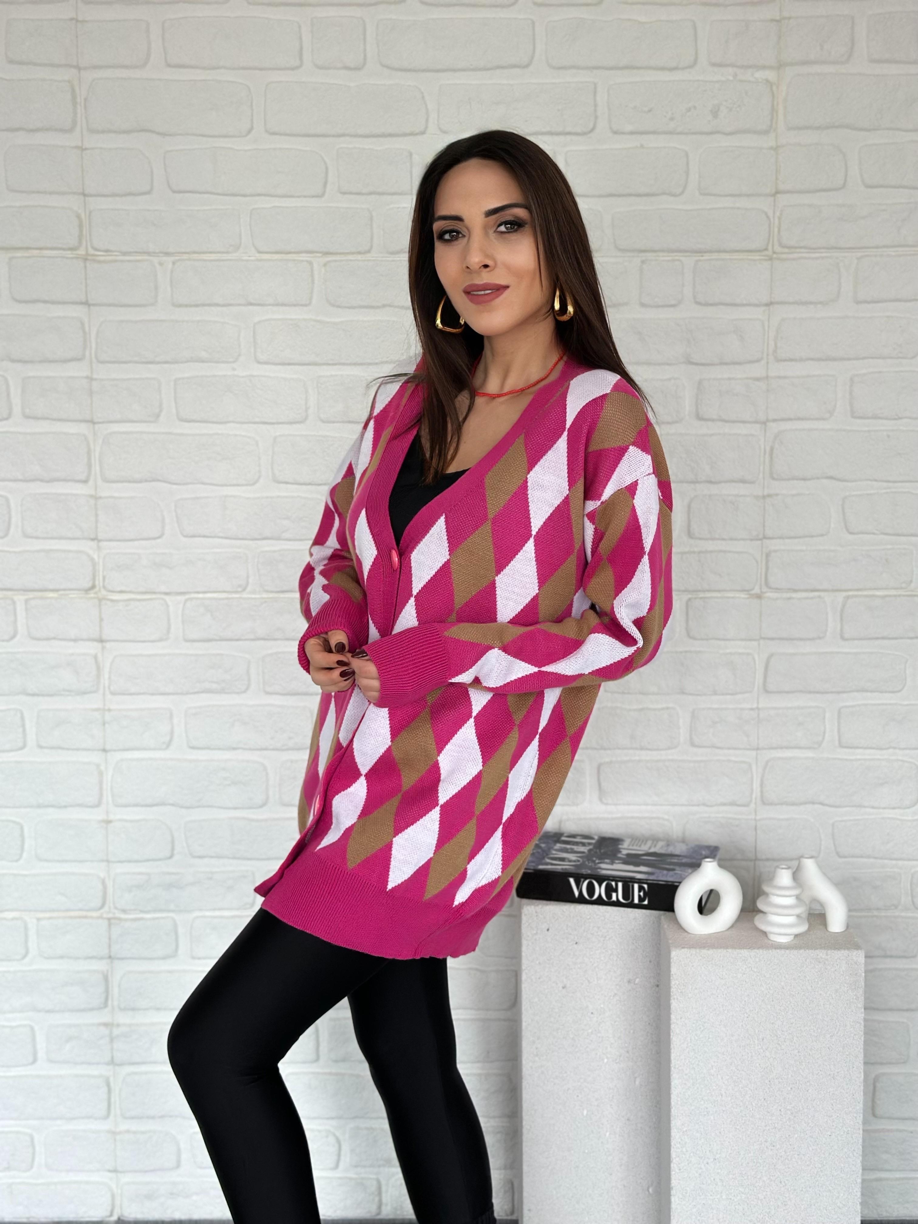 Baklava Desen Triko Hırka Pembe