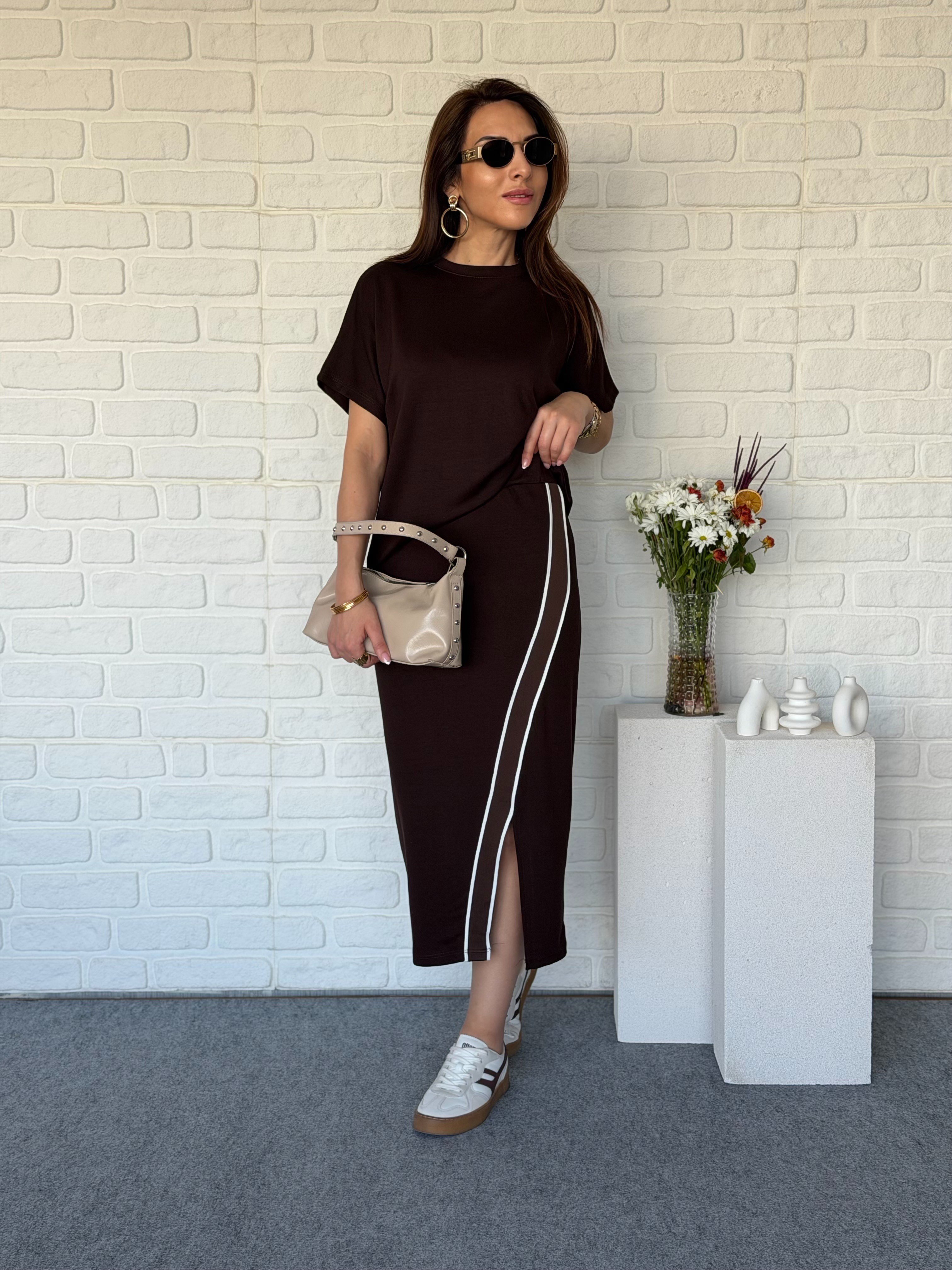 Çapraz Şeritli Etek Modal Takım Kahve