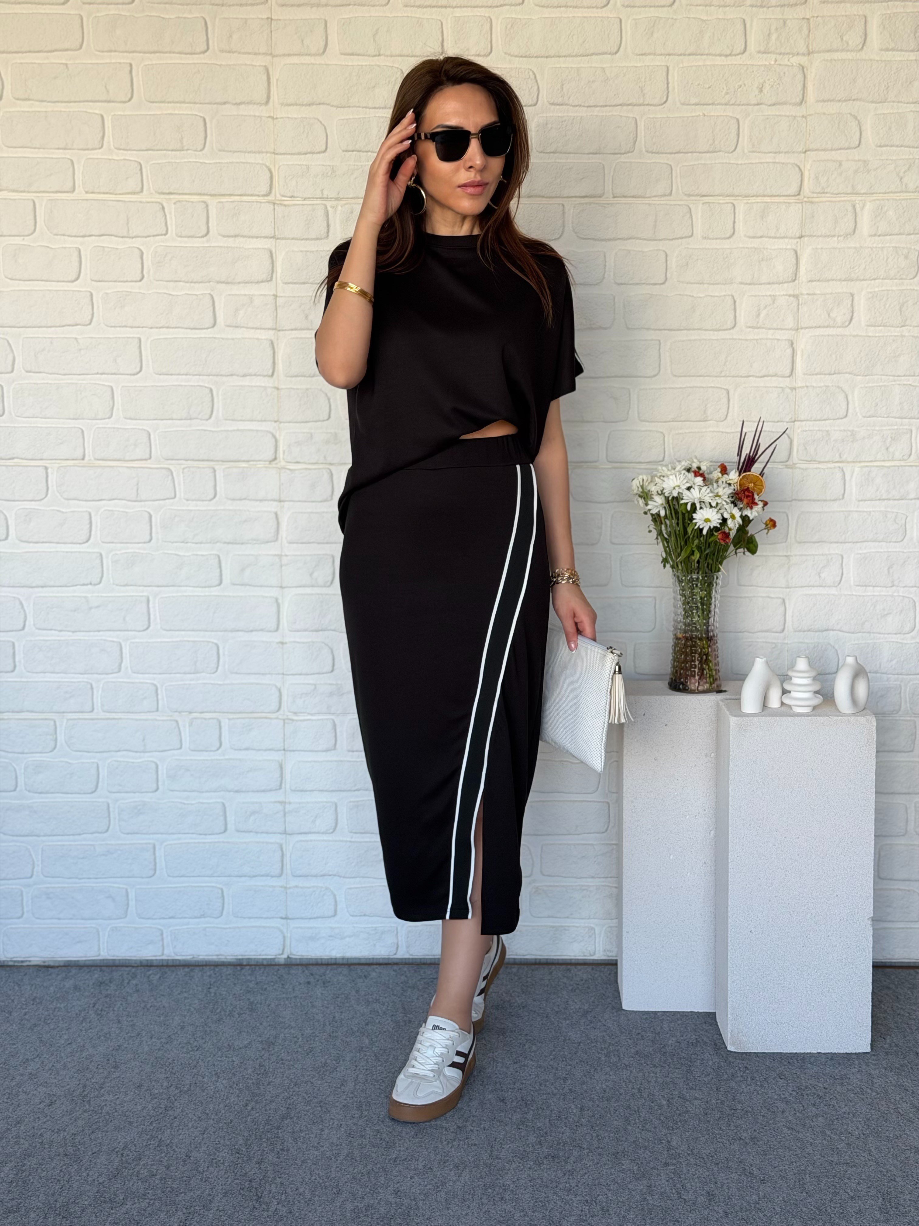 Çapraz Şeritli Etek Modal Takım Siyah