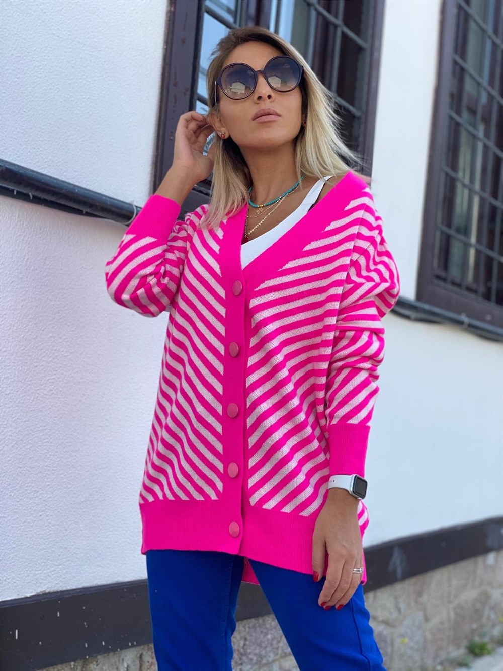 Çizgili Desen Hırka Pembe