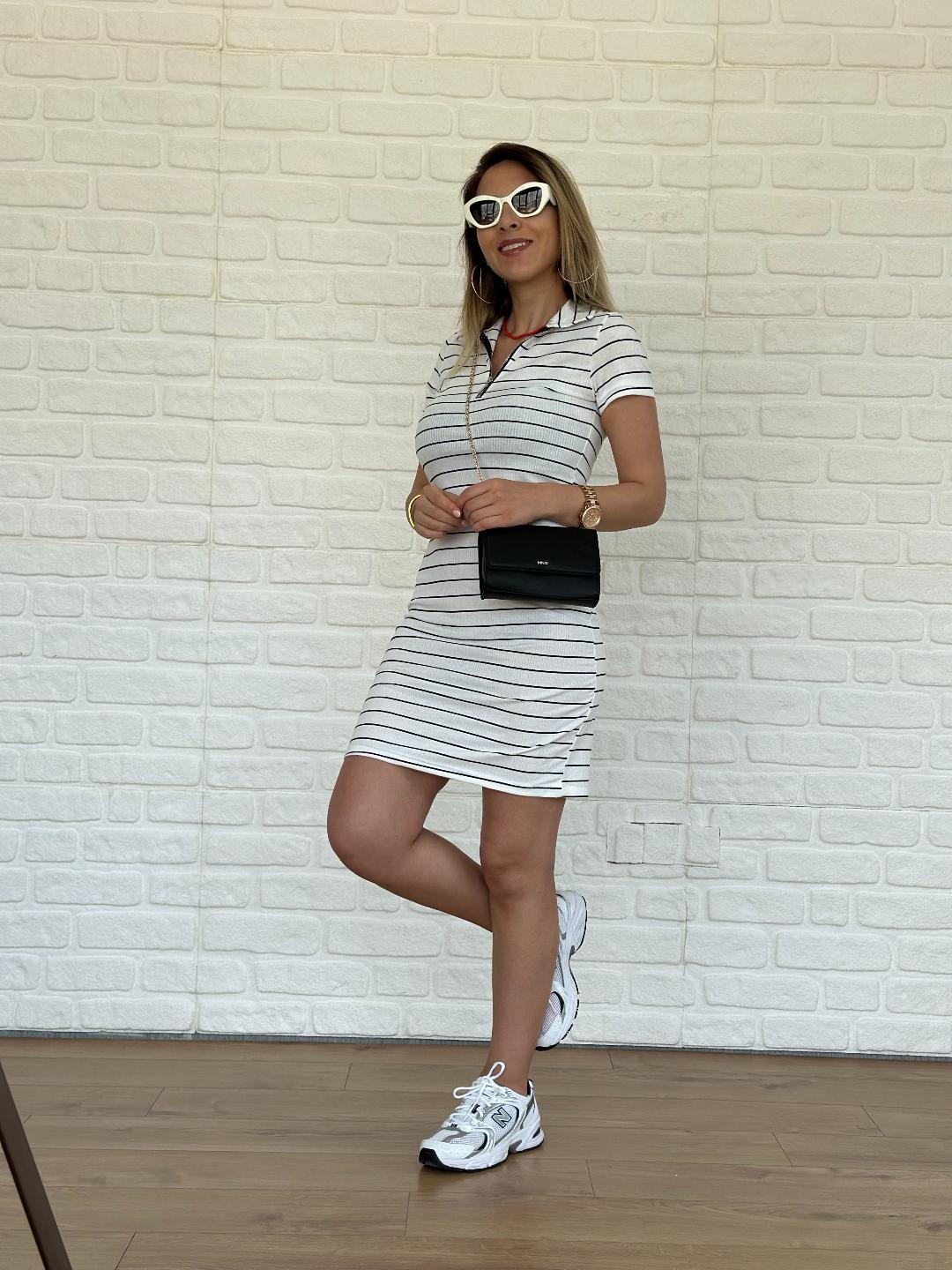 Çizgili Kaşkorse Elbise Beyaz