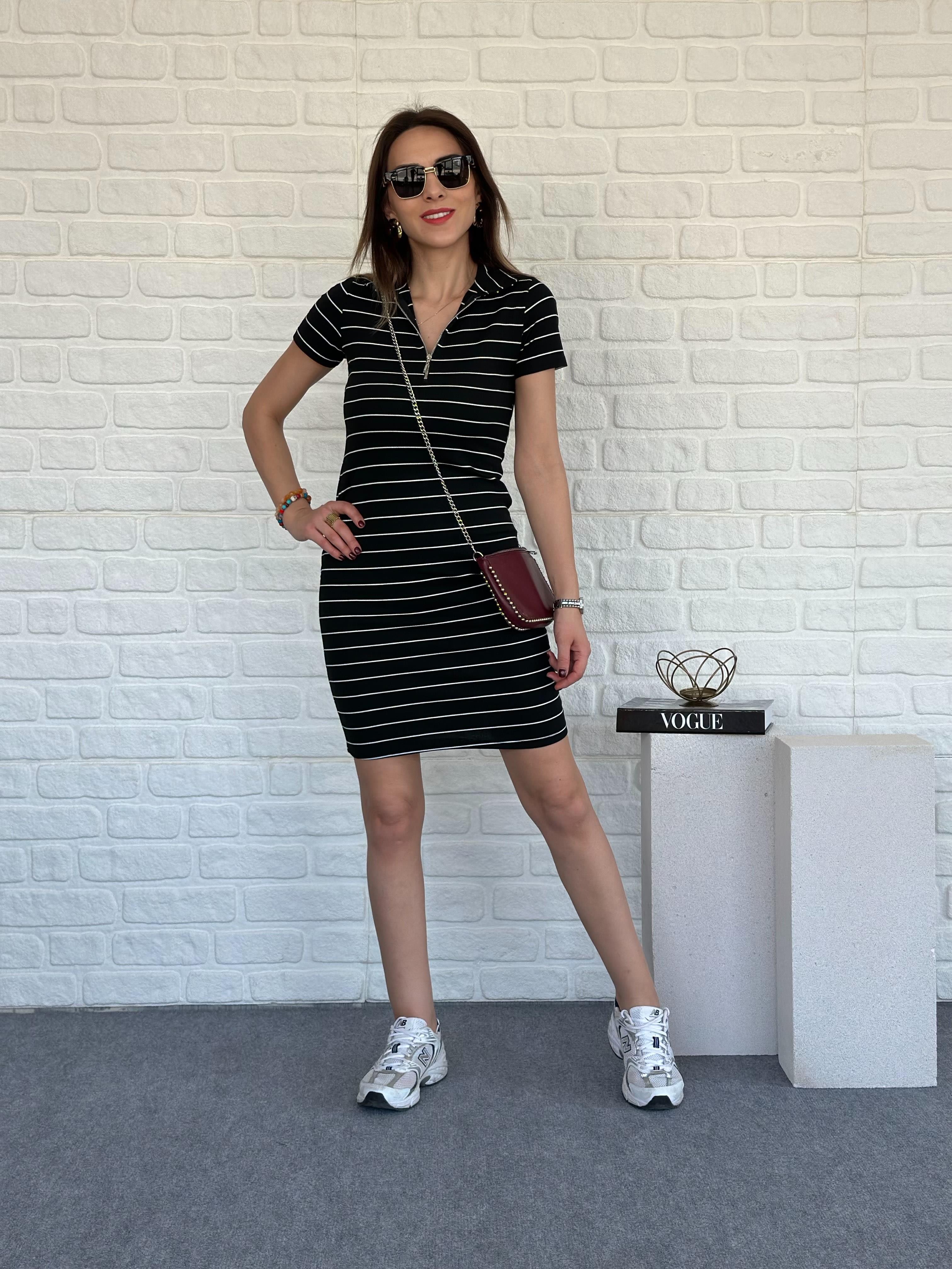 Çizgili Kaşkorse Elbise Siyah