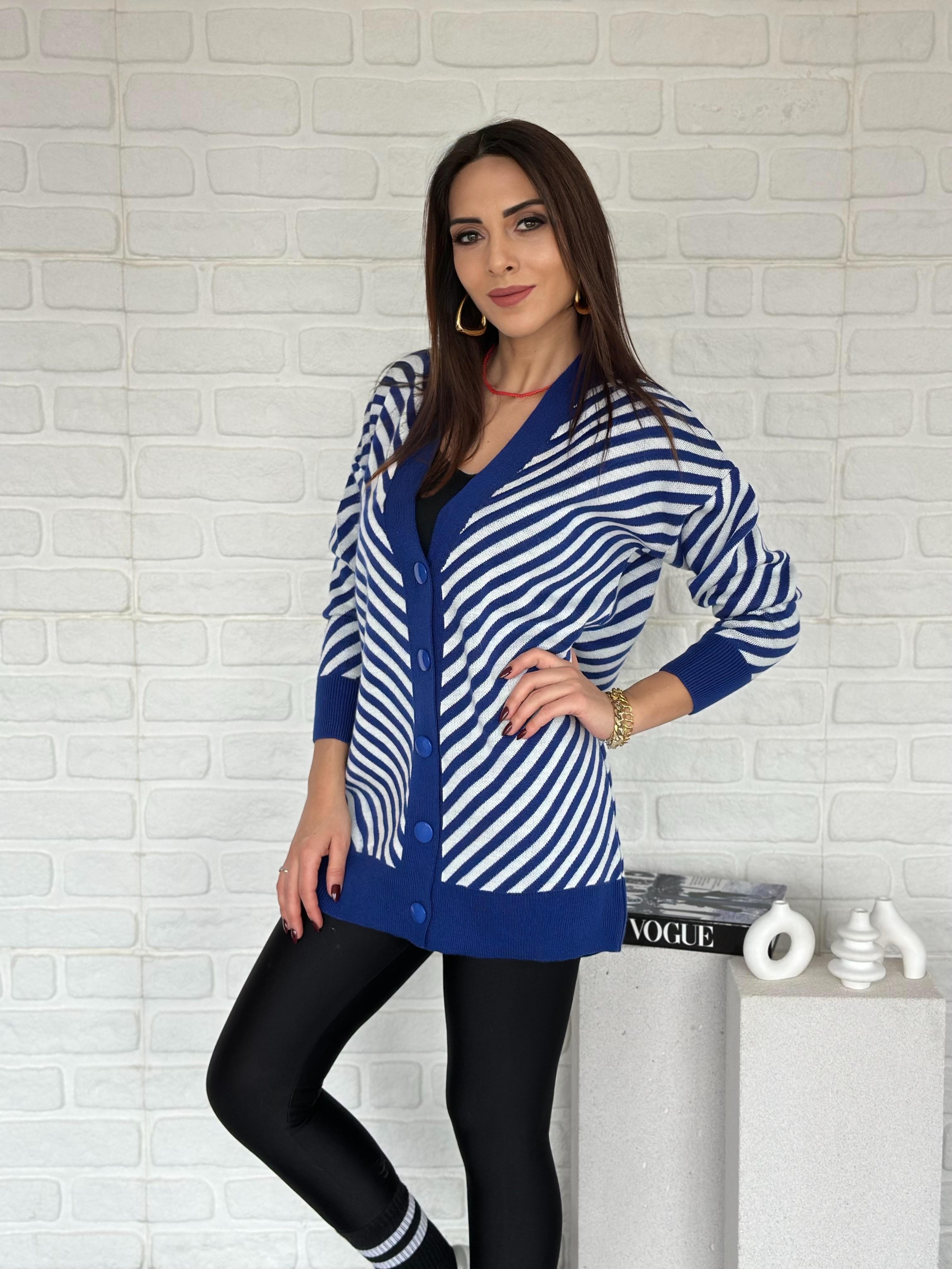 Çizgili Triko Hırka Mavi