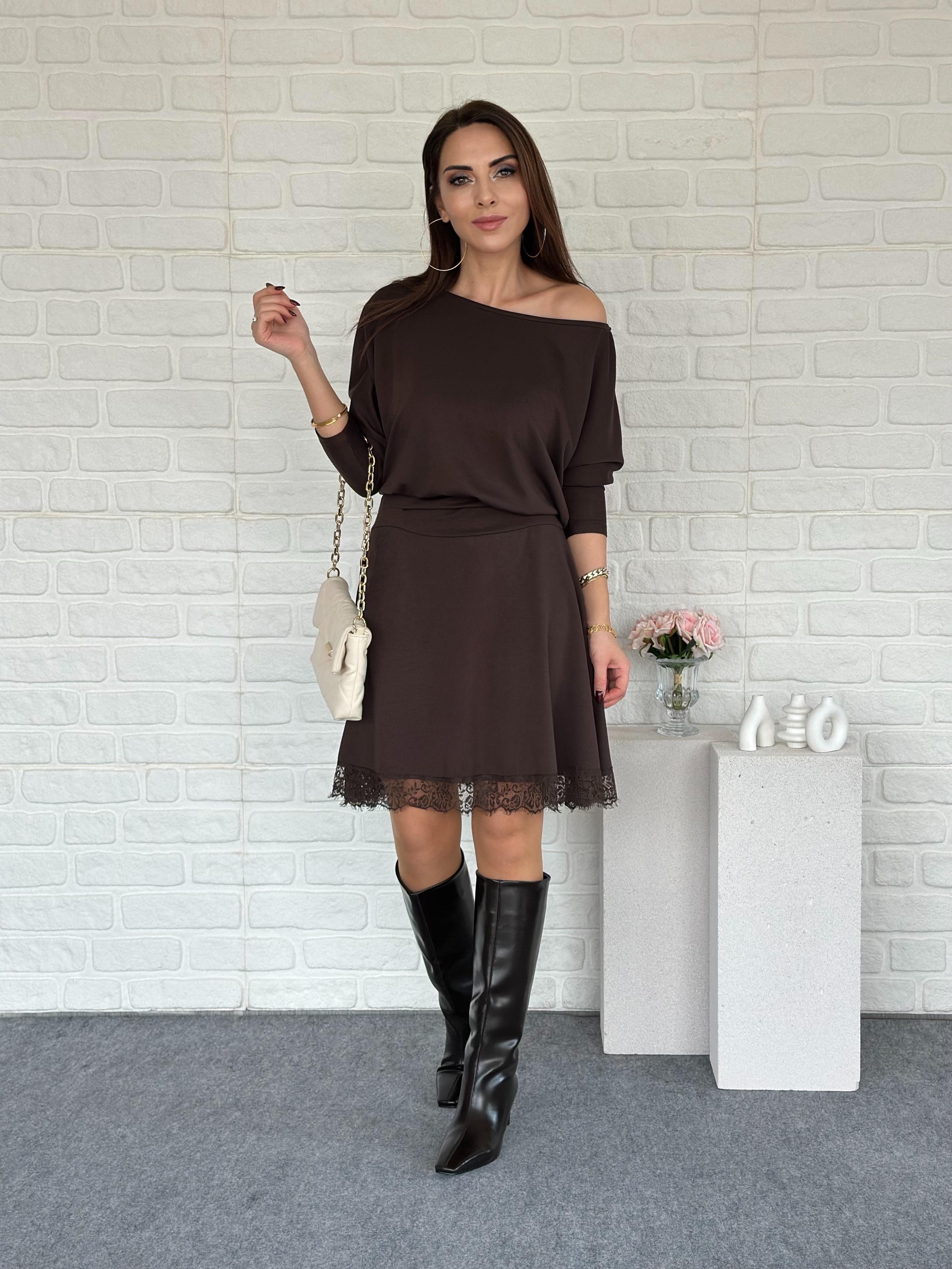 Dantelli Modal Elbise Kahve 