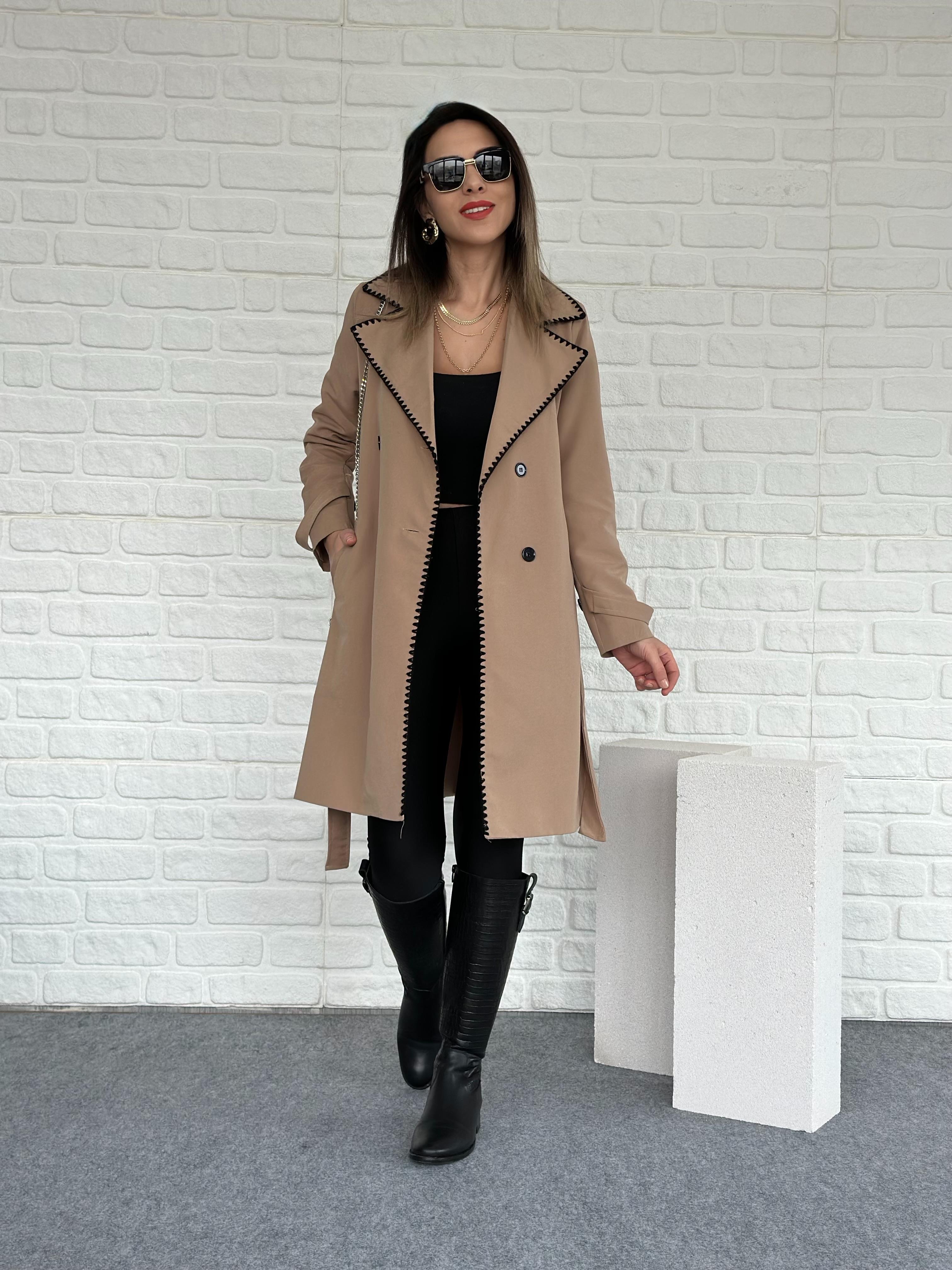 Dikişli Trench Coat Camel