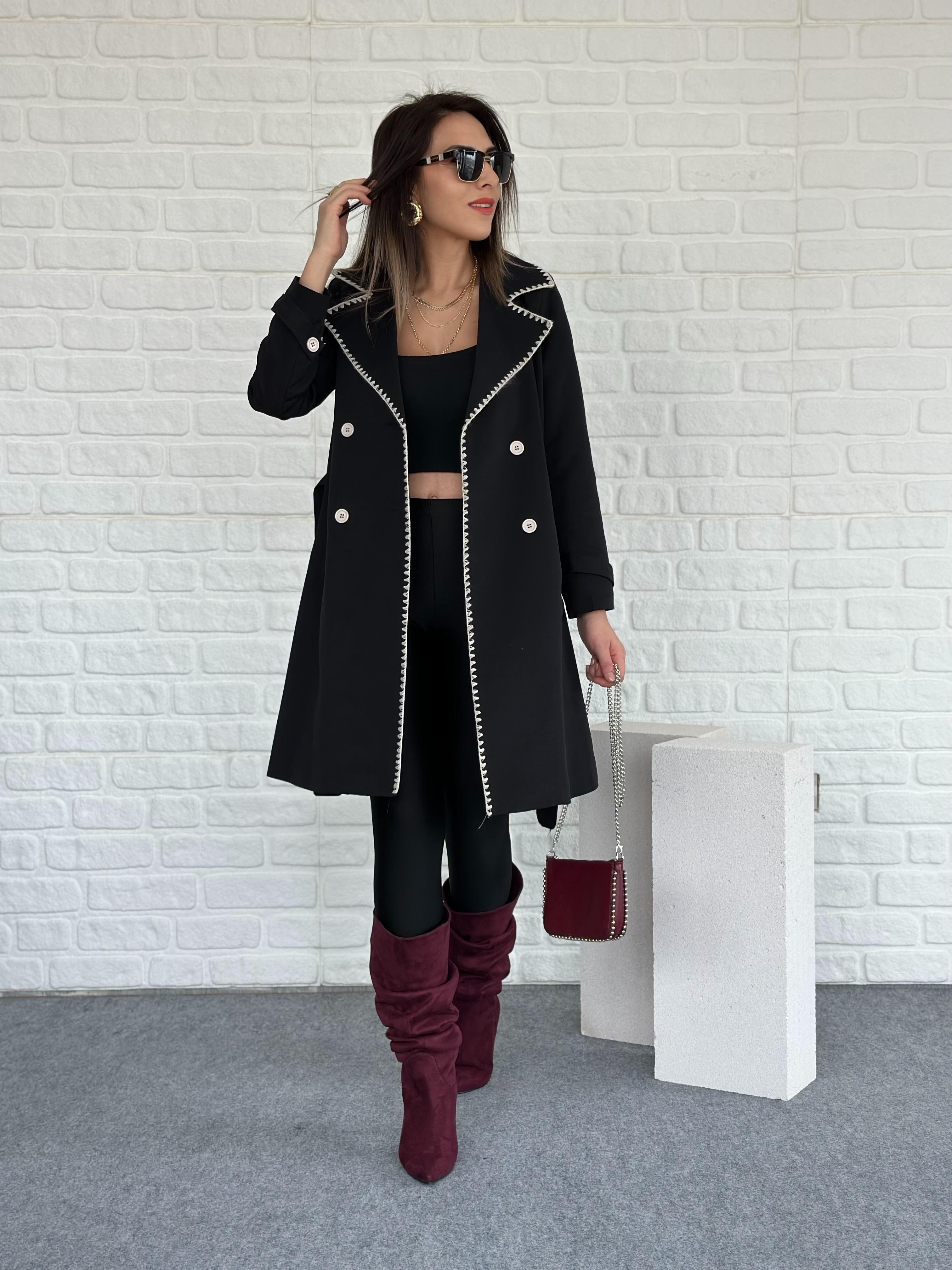 Dikişli Trench Coat Siyah