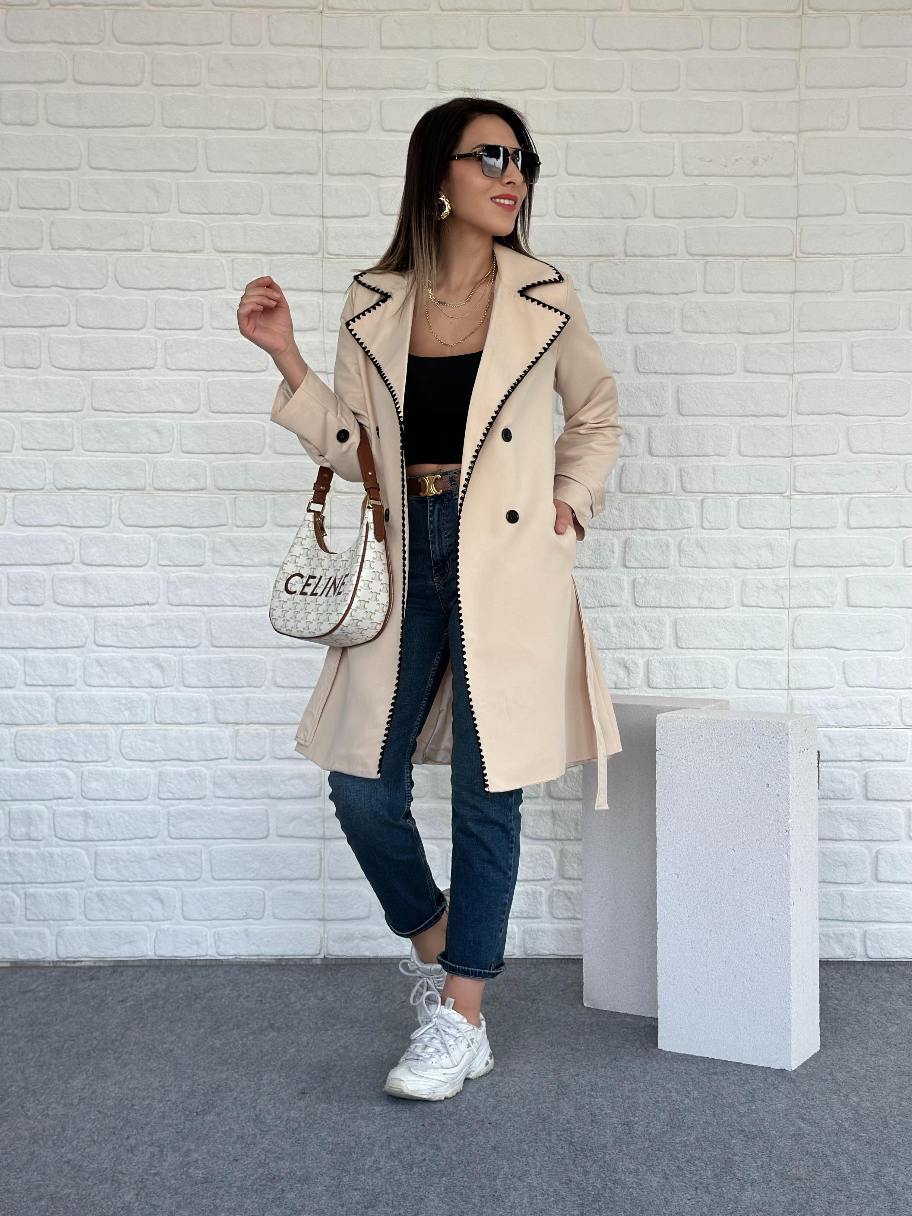 Dikişli Trench Coat Taş