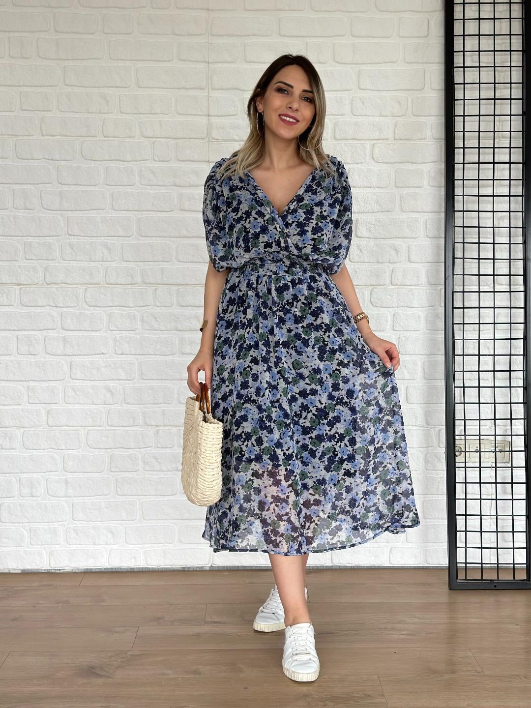 Drapeli Çiçek Desen Elbise