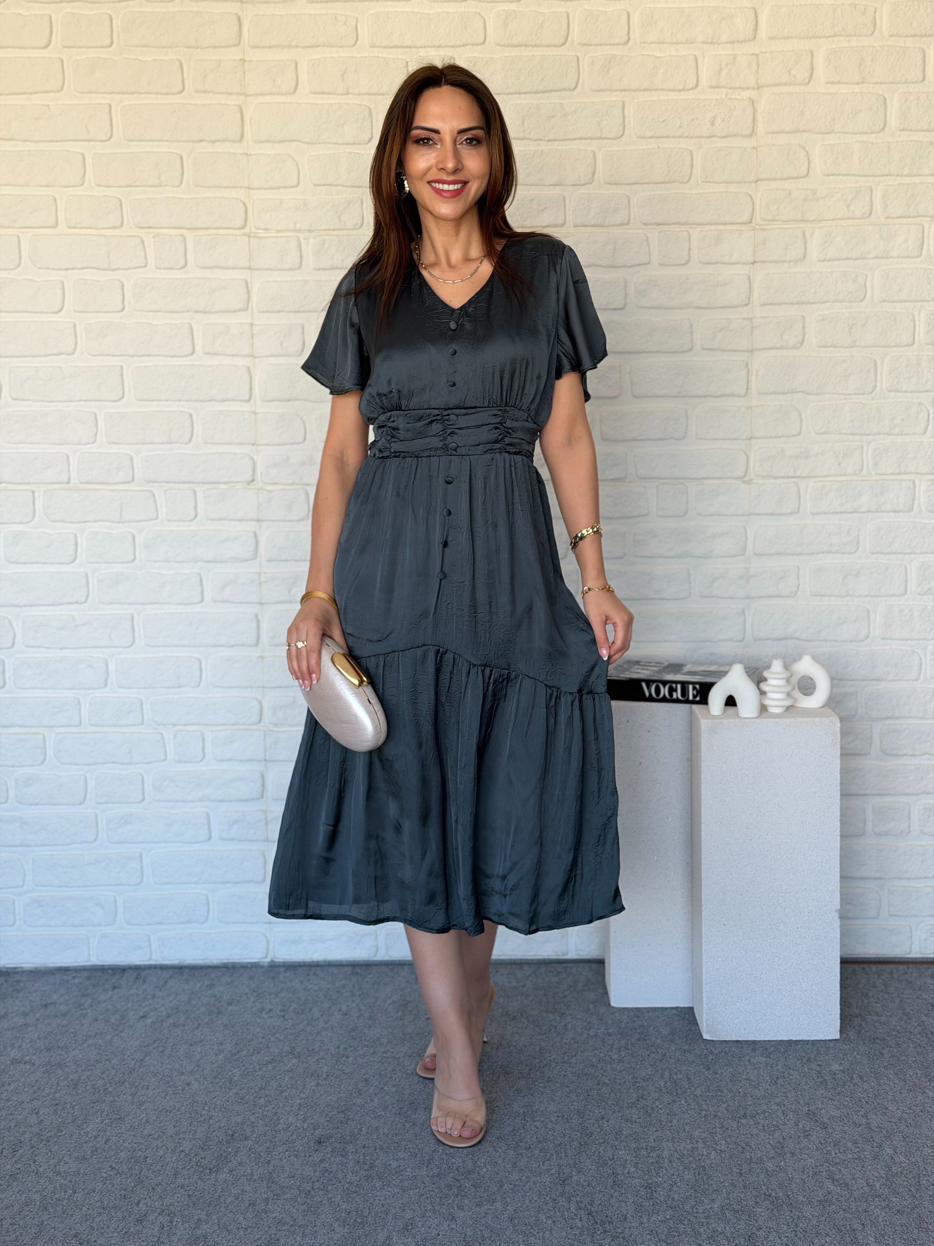 Drapeli Saten Elbise Zümrüt