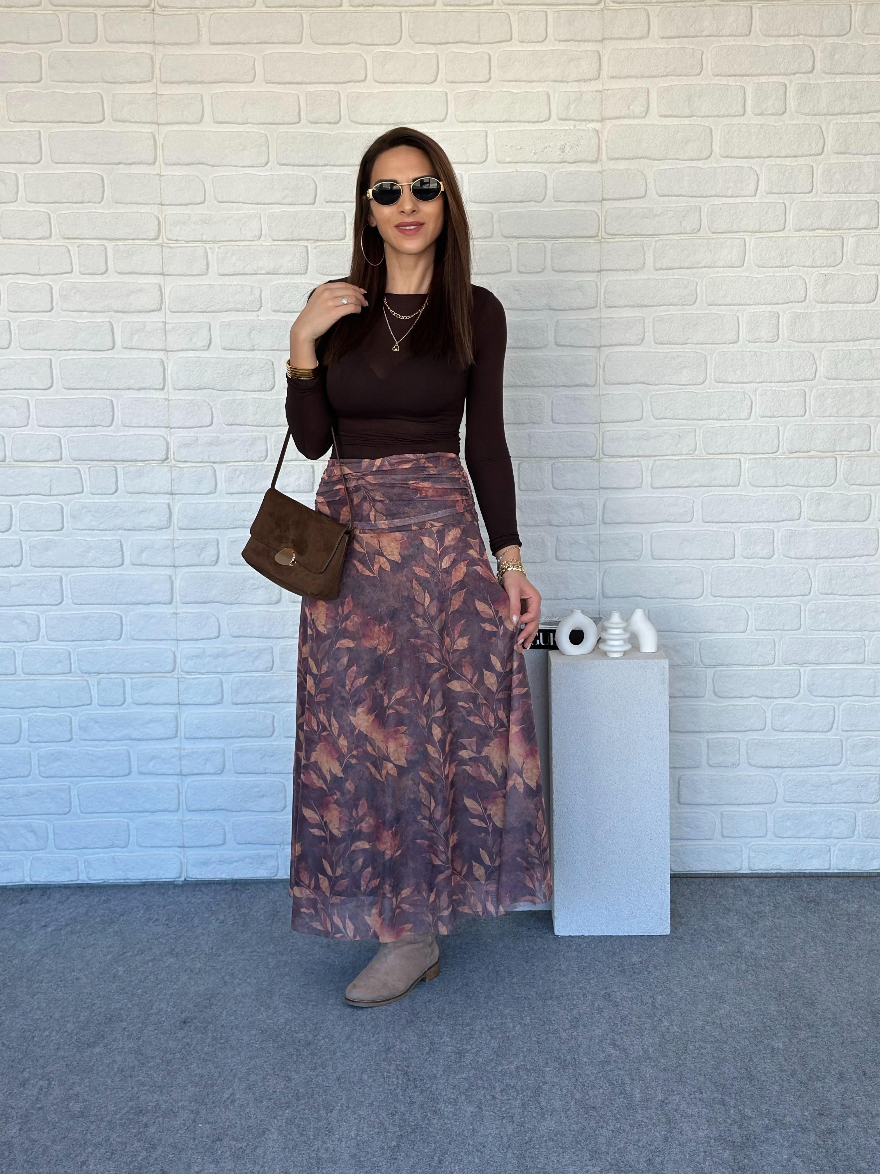 Drapeli Tül Yaprak Desen Etek