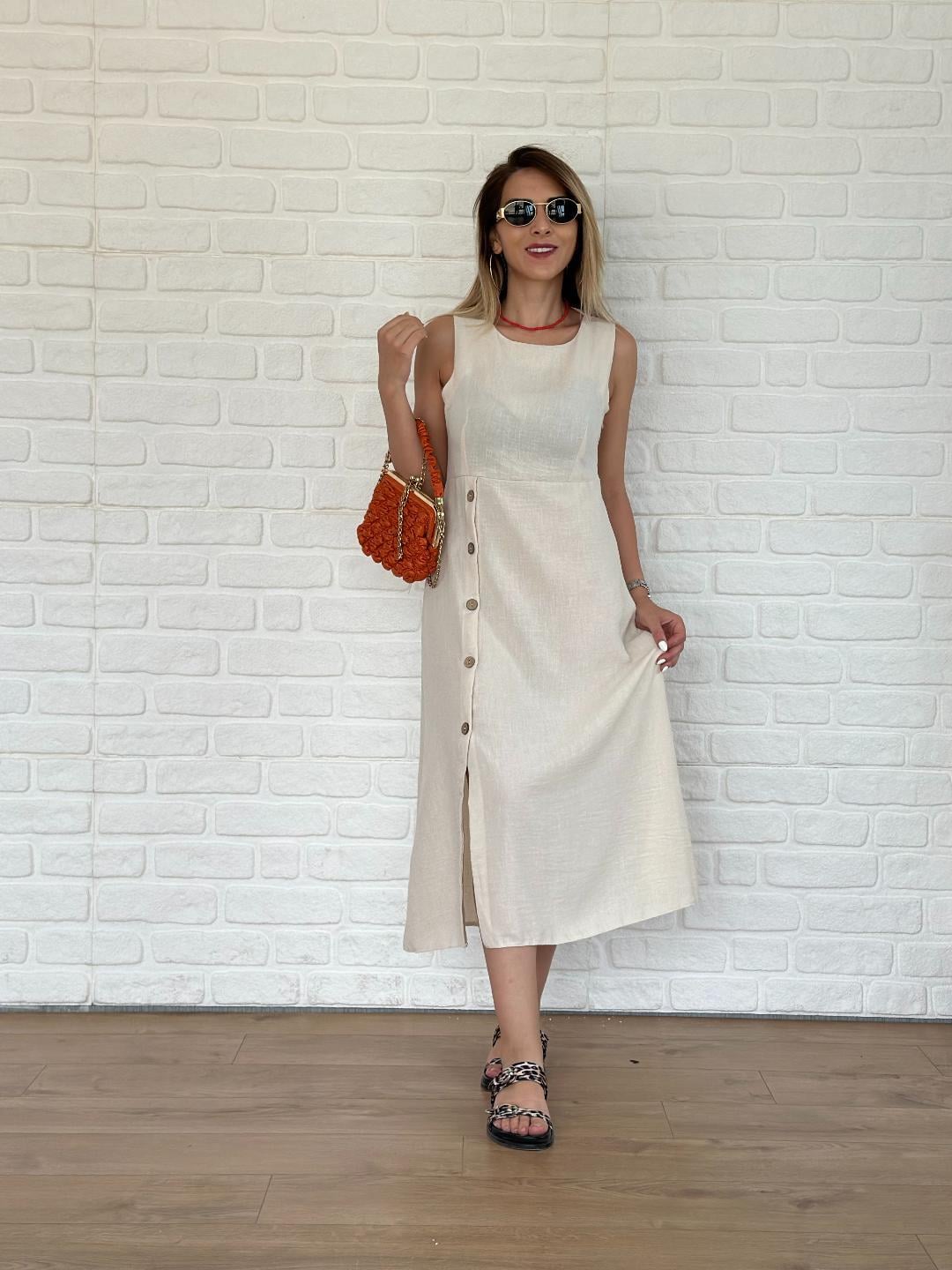 Düğmeli Keten Elbise Taş