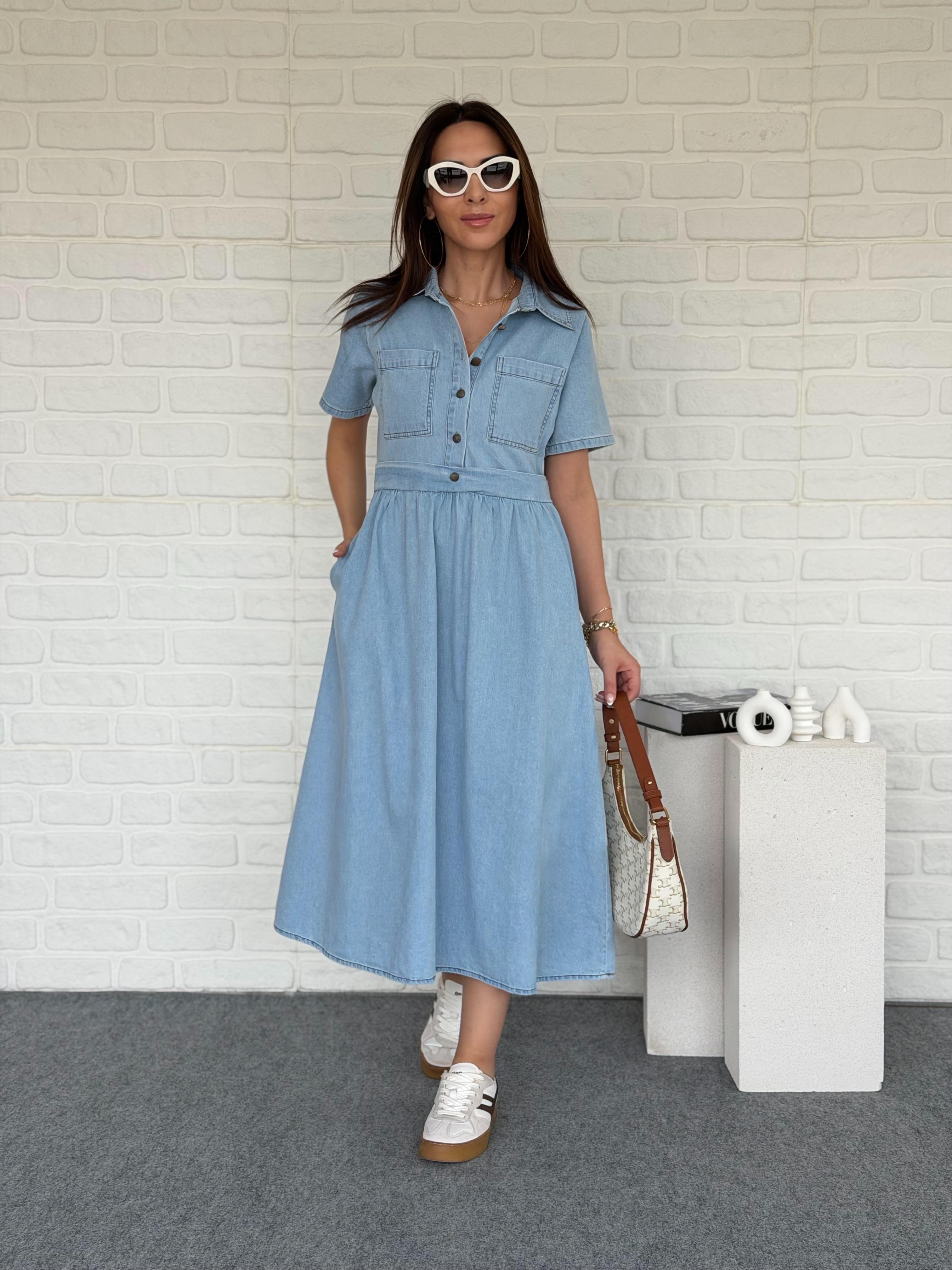 Düğmeli Kot Elbise Mavi