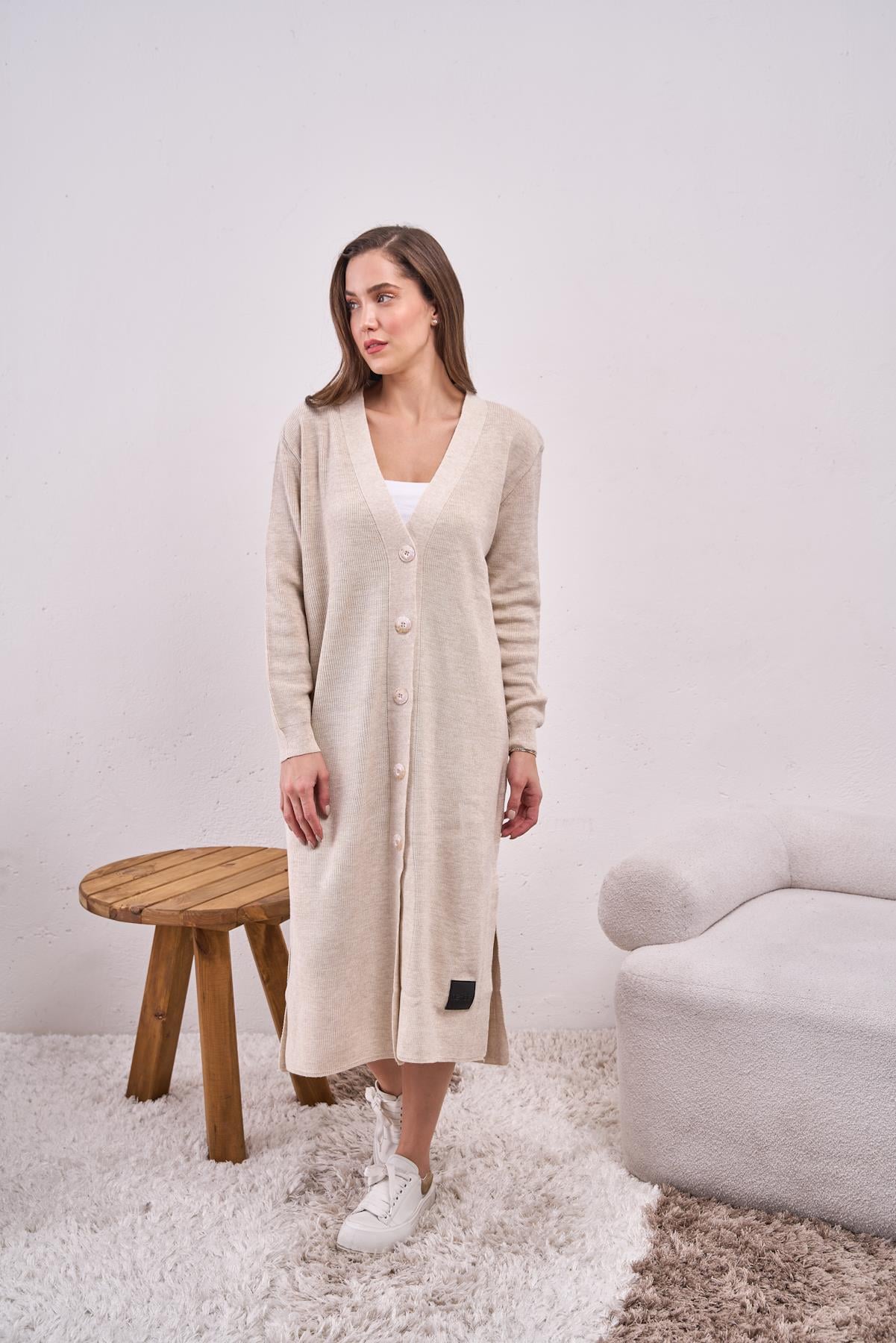 Düğmeli Triko Elbise Taş